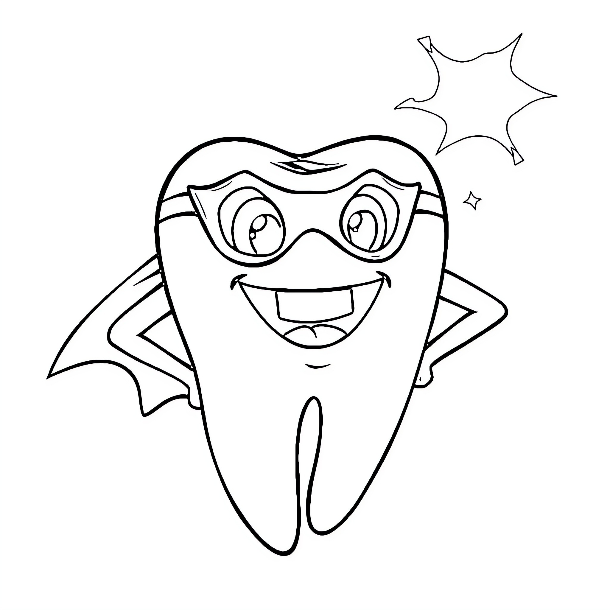 Tooth Superhero Smiling Brightly Coloring Page (free black-and-white line drawing printable PDF for all, from beginners to advanced learners, including children, teens, adults, and seniors)