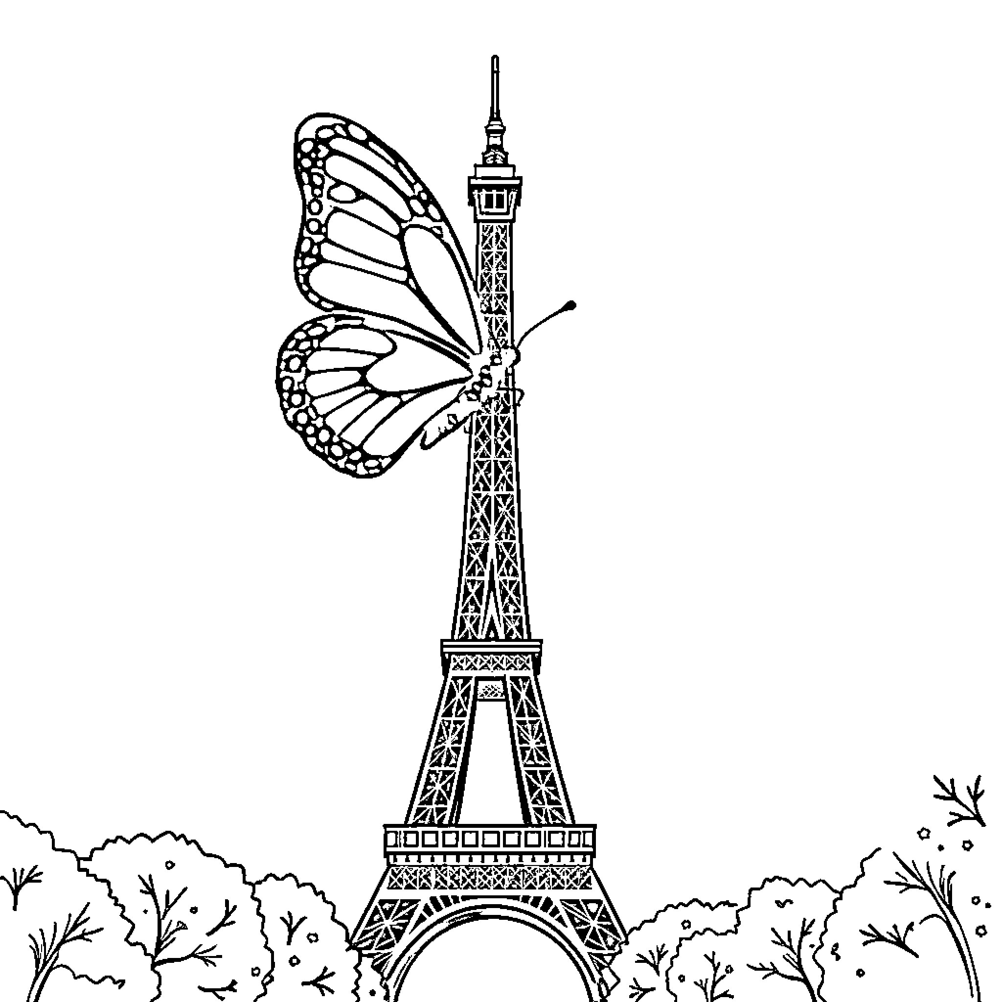 Butterfly soaring over the Eiffel Tower Coloring Page (free black-and-white line drawing printable PDF for all, from beginners to advanced learners, including children, teens, adults, and seniors)