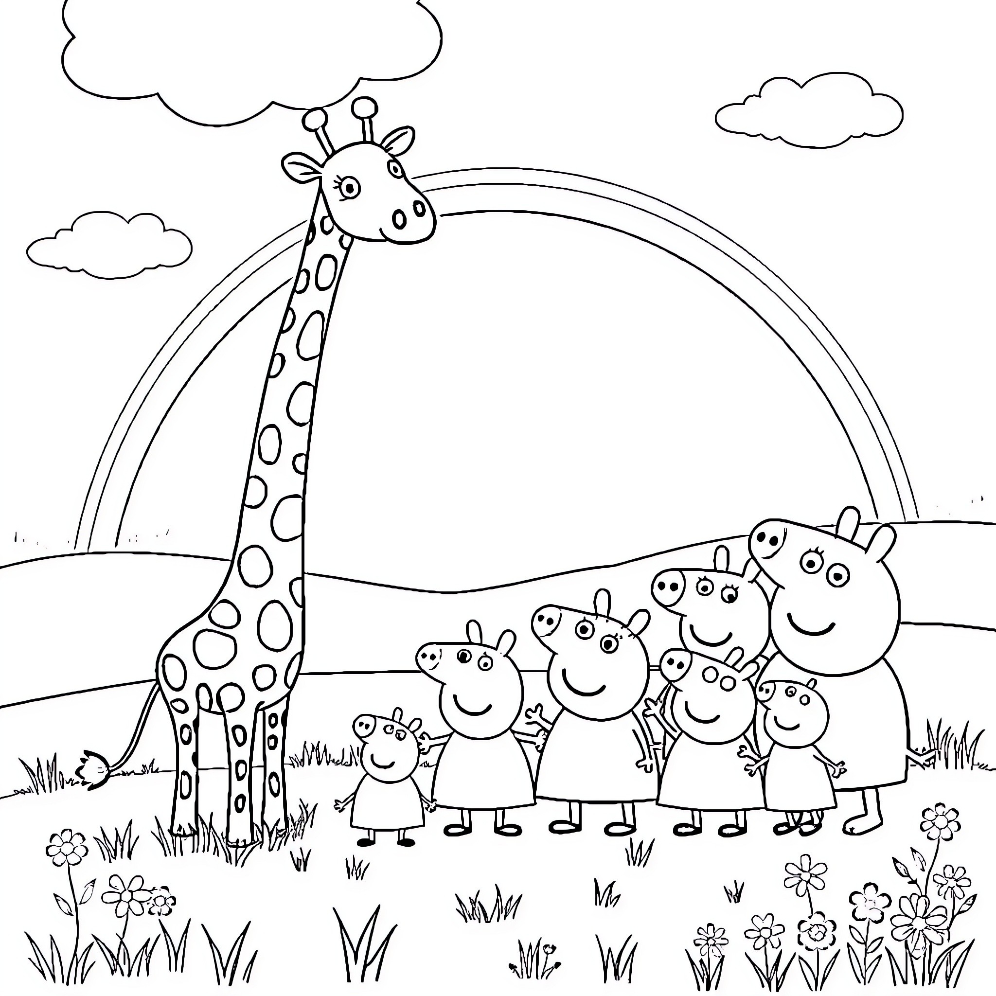 Giraffe and family enjoying a sunny day outdoors Coloring Page (free black-and-white line drawing printable PDF for all, from beginners to advanced learners, including children, teens, adults, and seniors)