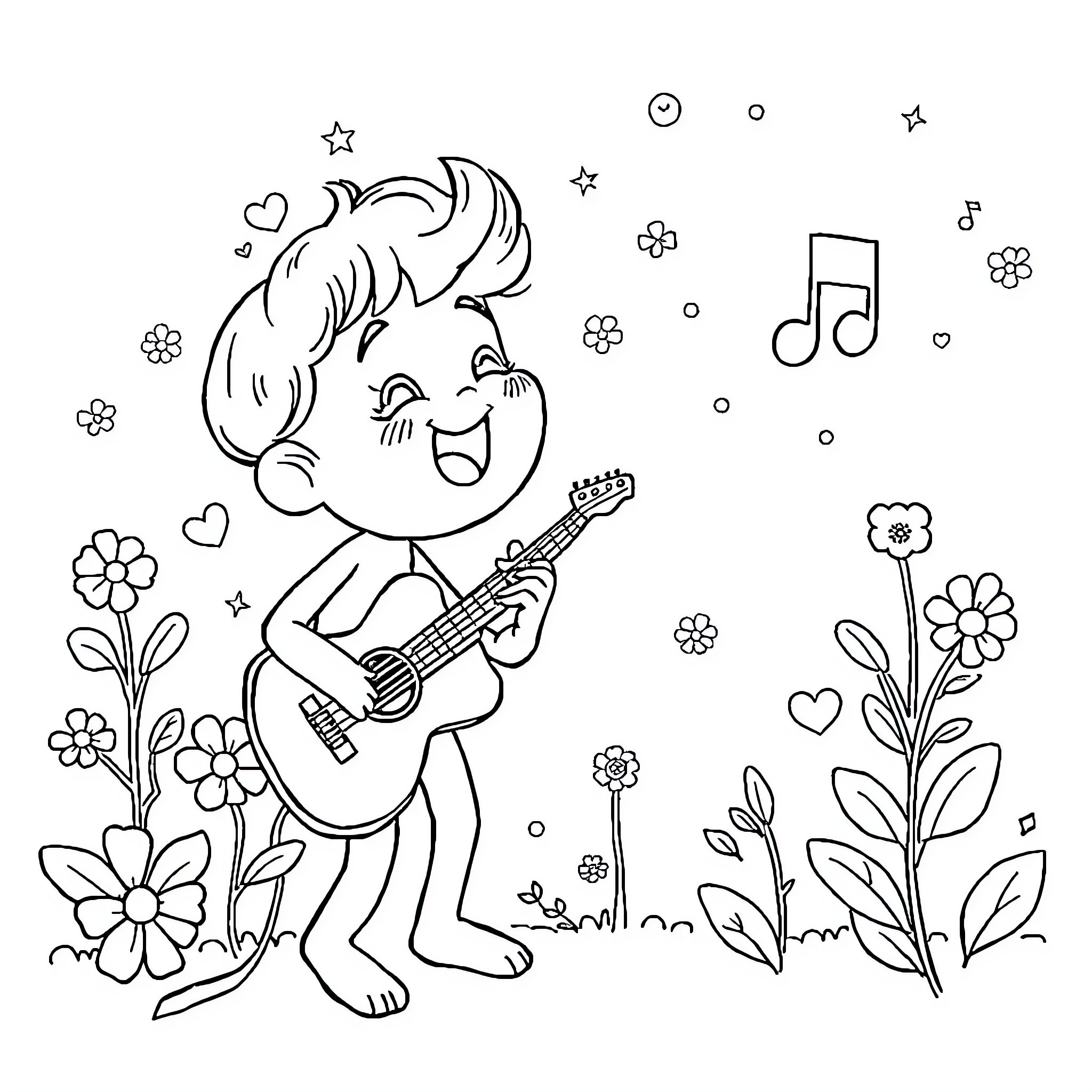 Tralalero Music and Flowers Coloring Page (free black-and-white line drawing printable PDF for all, from beginners to advanced learners, including children, teens, adults, and seniors)