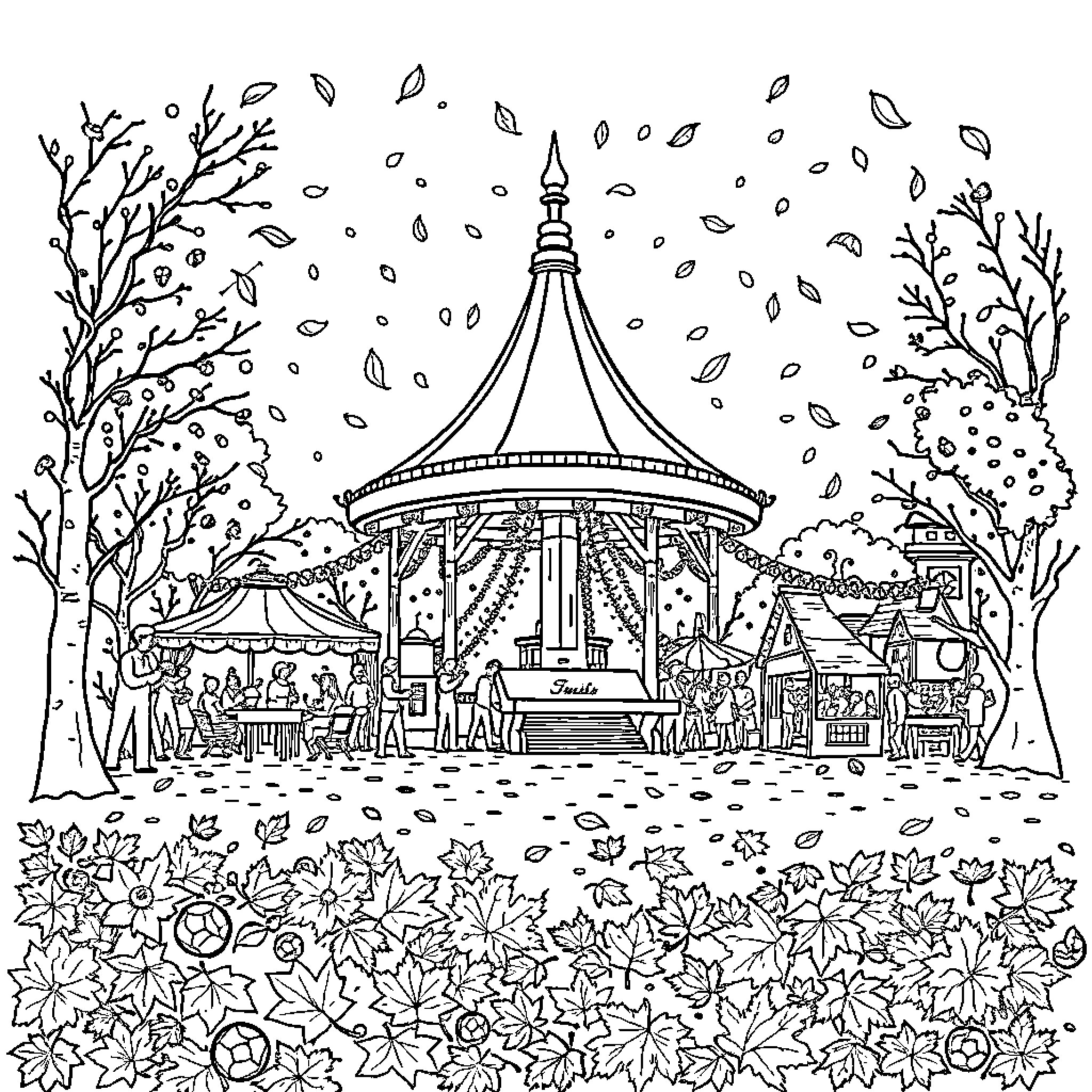 Beacon of Autumn Revelry Coloring Page (free black-and-white line drawing printable PDF for all, from beginners to advanced learners, including children, teens, adults, and seniors)