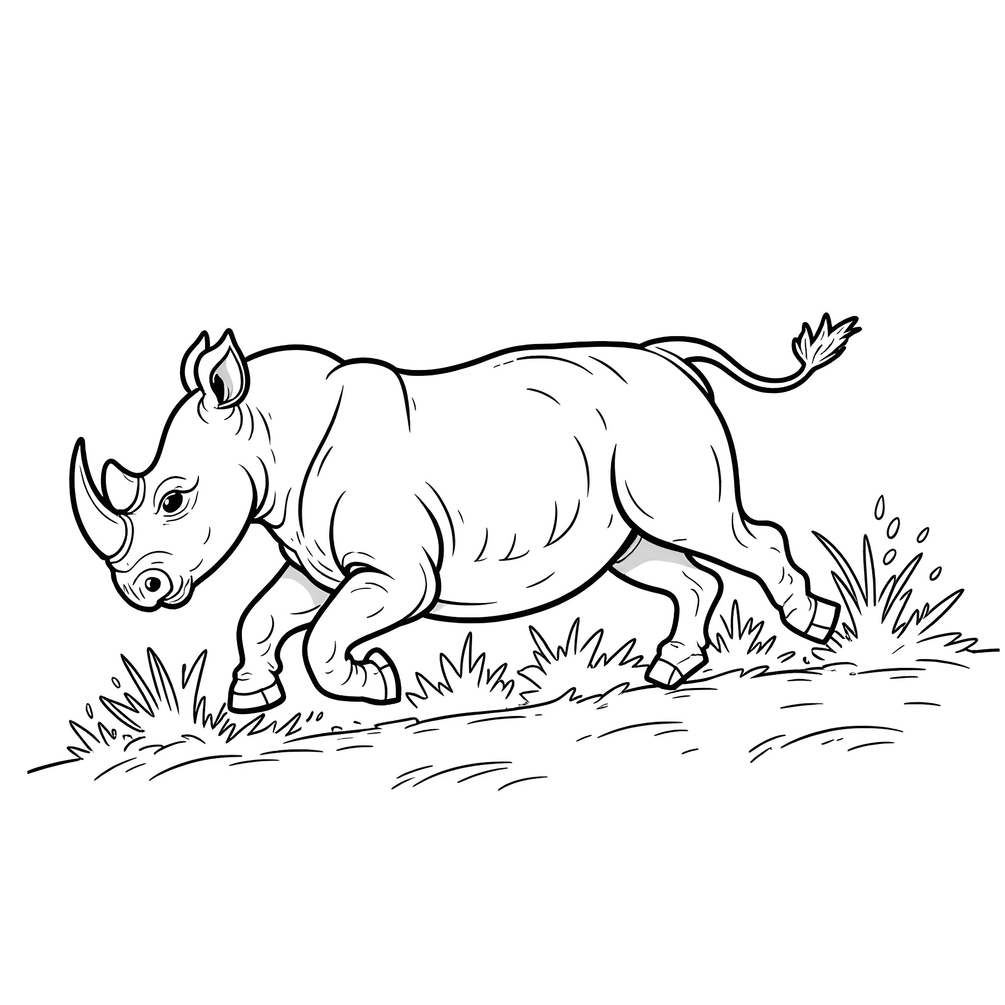 Rhino running through the grassland Coloring Page (free black-and-white line drawing printable PDF for all, from beginners to advanced learners, including children, teens, adults, and seniors)