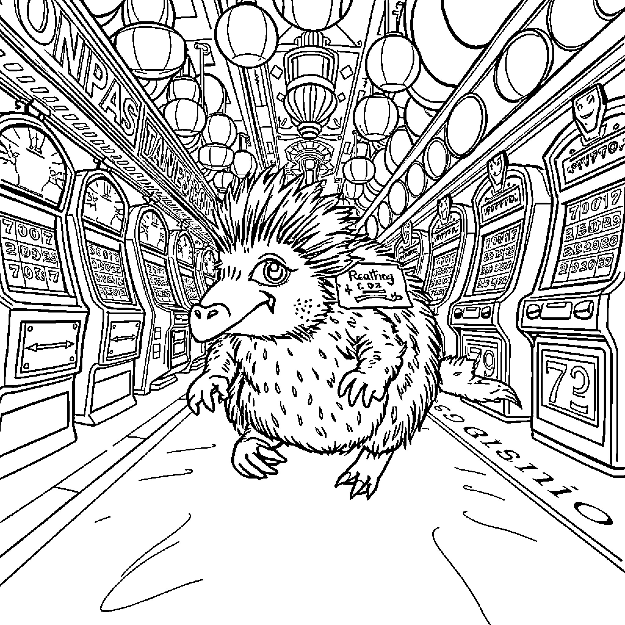 Platypus exploring a vibrant and bustling city scene Coloring Page (free black-and-white line drawing printable PDF for all, from beginners to advanced learners, including children, teens, adults, and seniors)