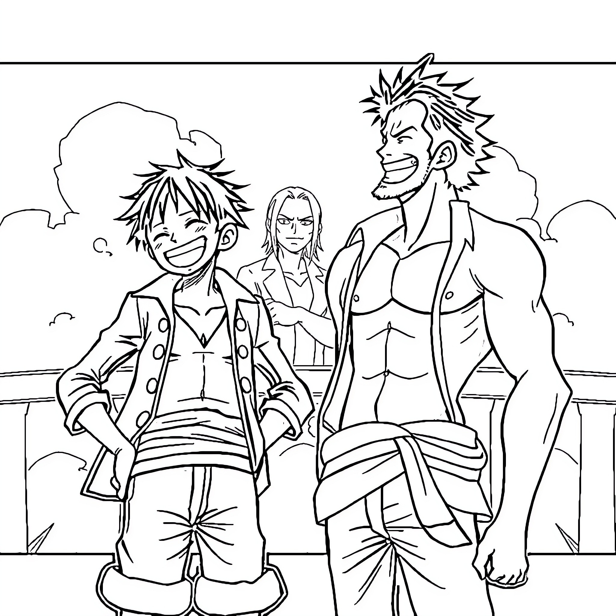 Luffy and his allies stand together Coloring Page (free black-and-white line drawing printable PDF for all, from beginners to advanced learners, including children, teens, adults, and seniors)