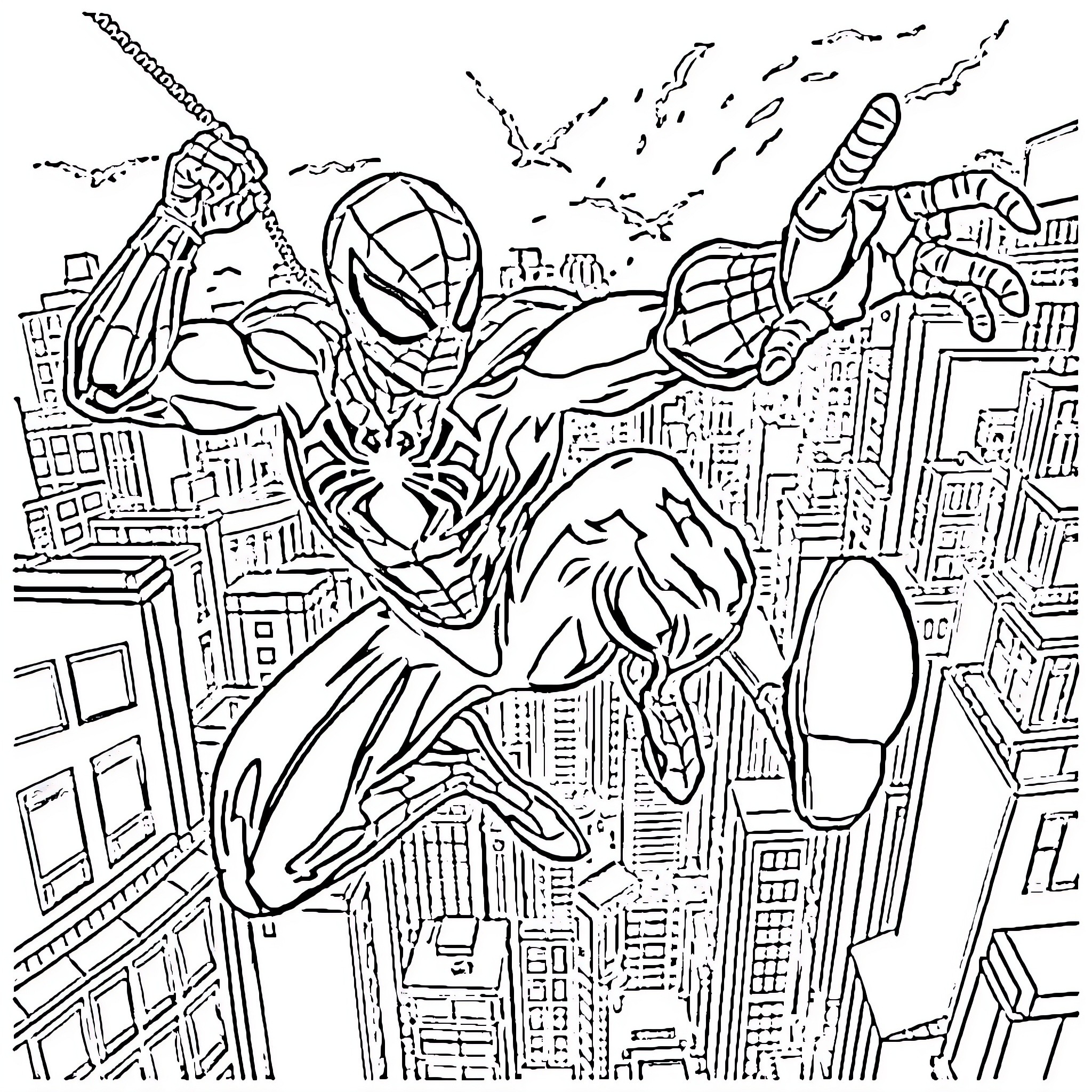Spider-Man swinging through the city skyline Coloring Page (free black-and-white line drawing printable PDF for all, from beginners to advanced learners, including children, teens, adults, and seniors)