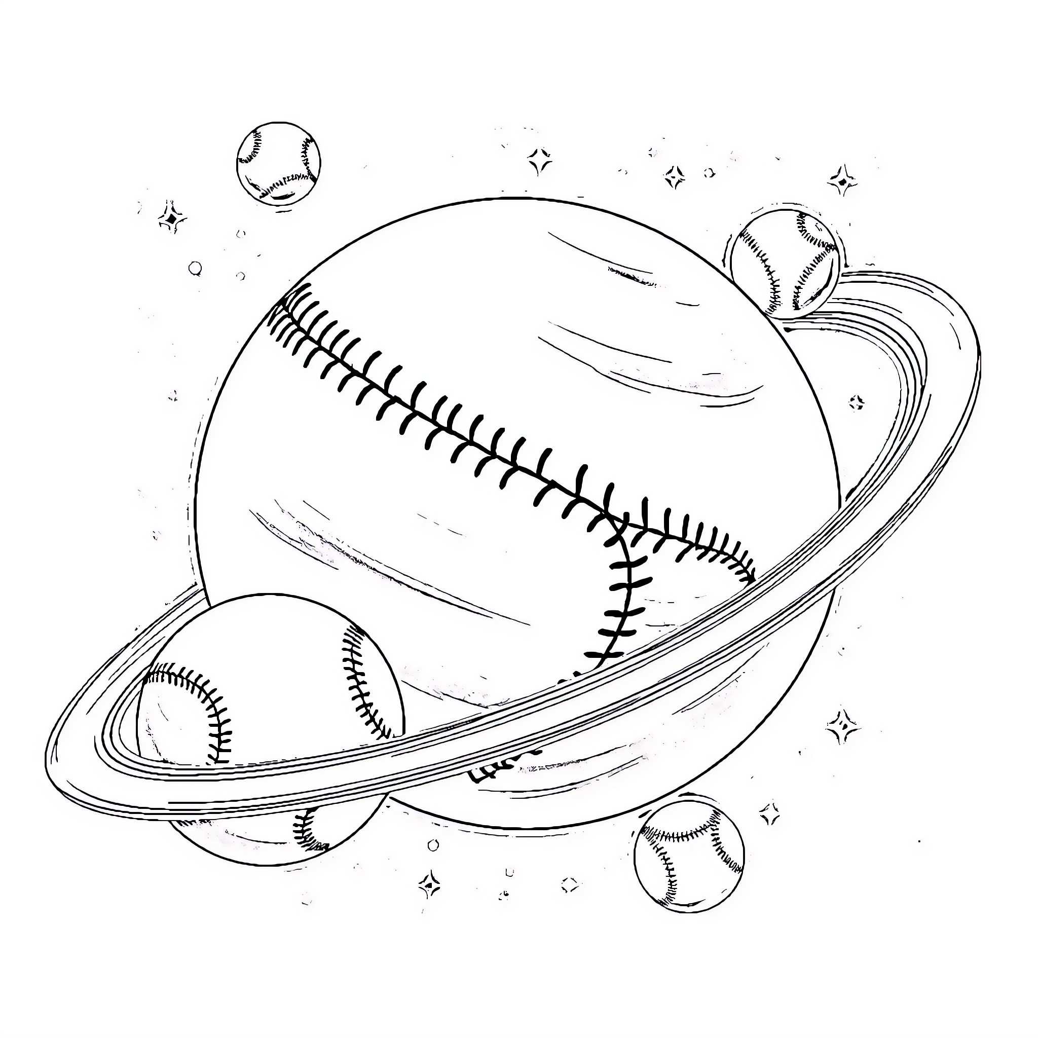 Planet of Cosmic Baseballs Coloring Page (free black-and-white line drawing printable PDF for all, from beginners to advanced learners, including children, teens, adults, and seniors)