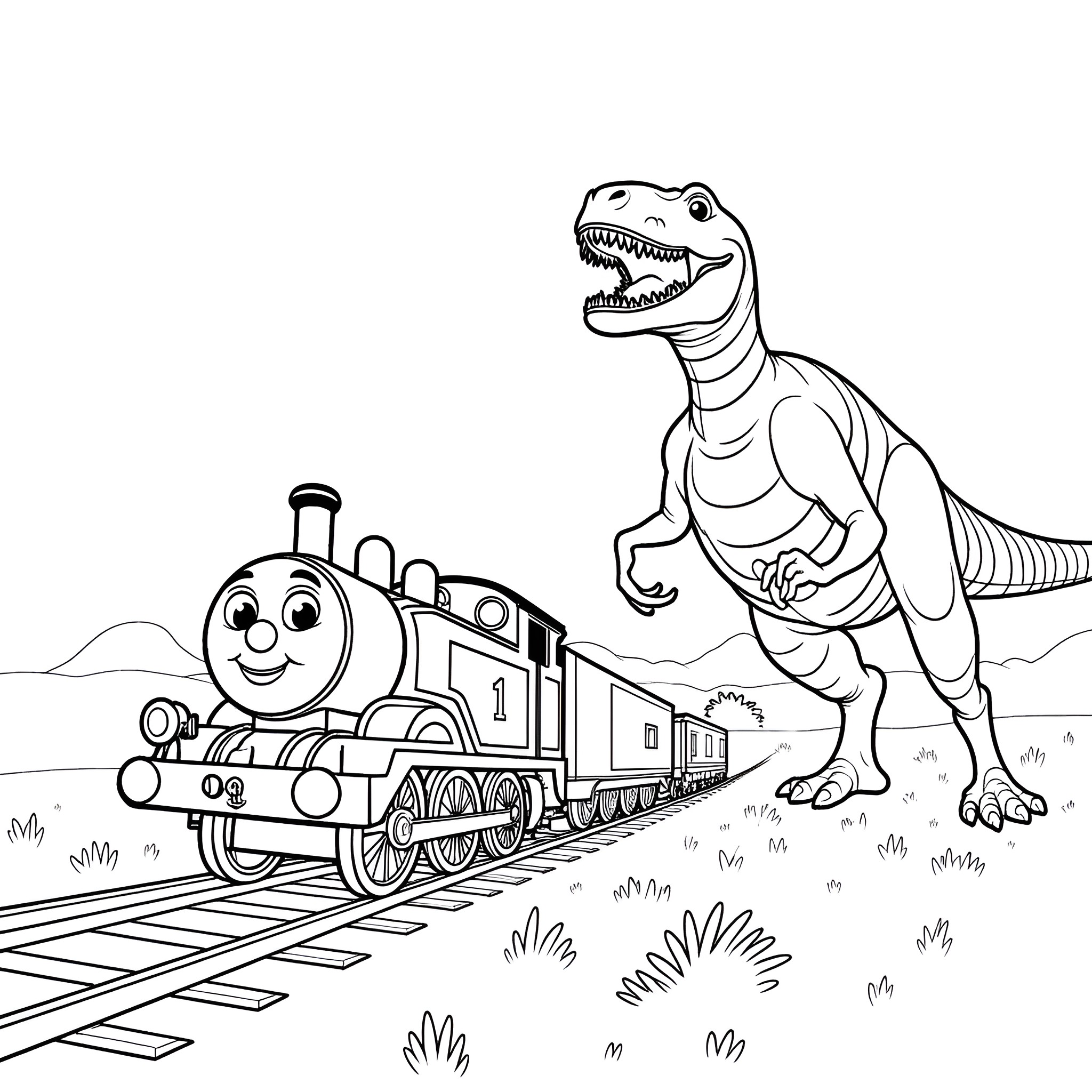 Thomas the Tank Engine encounters a Tyrannosaurus Rex Coloring Page (free black-and-white line drawing printable PDF for all, from beginners to advanced learners, including children, teens, adults, and seniors)
