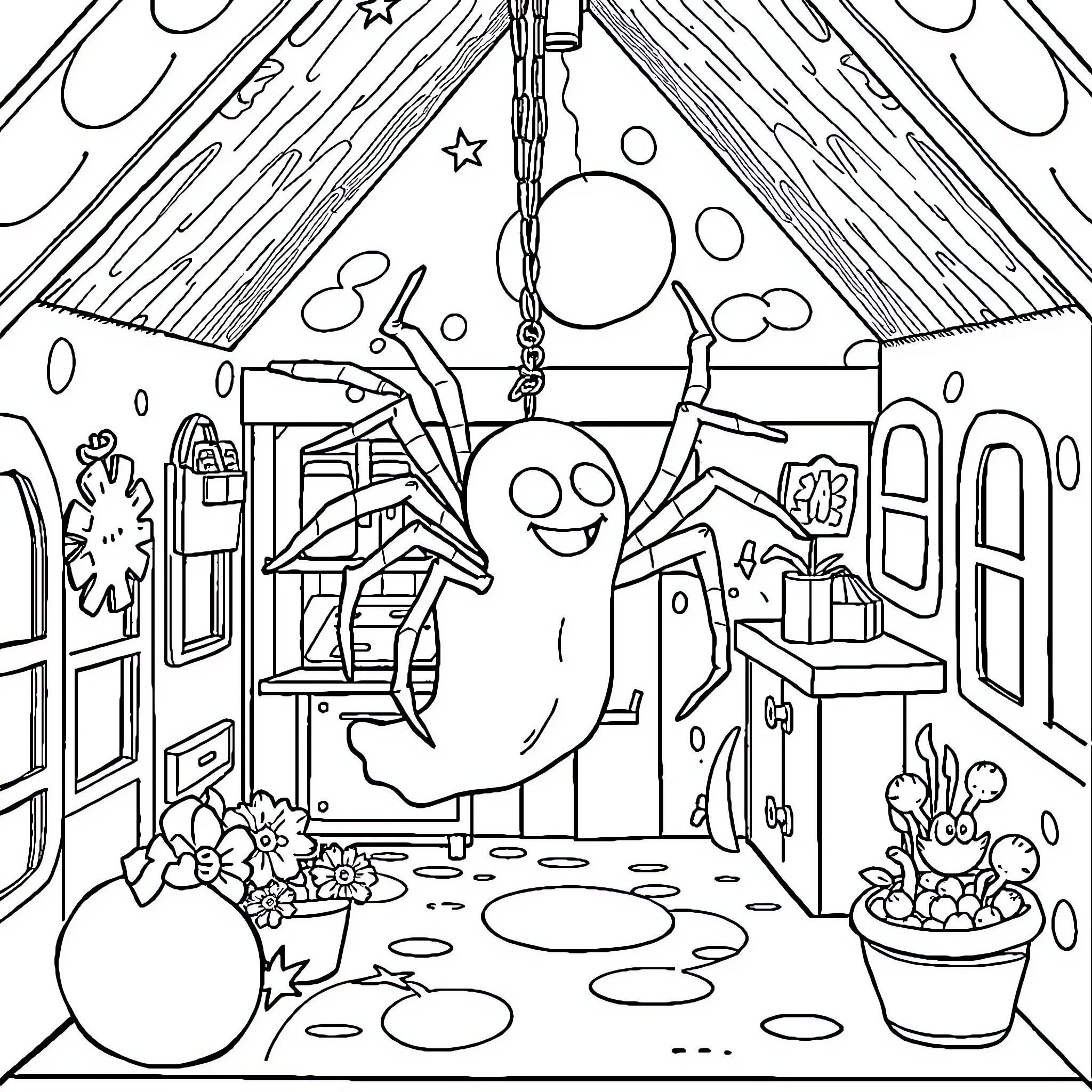 Ghost Spider exploring a whimsical fantasy world Coloring Page (free black-and-white line drawing printable PDF for all, from beginners to advanced learners, including children, teens, adults, and seniors)