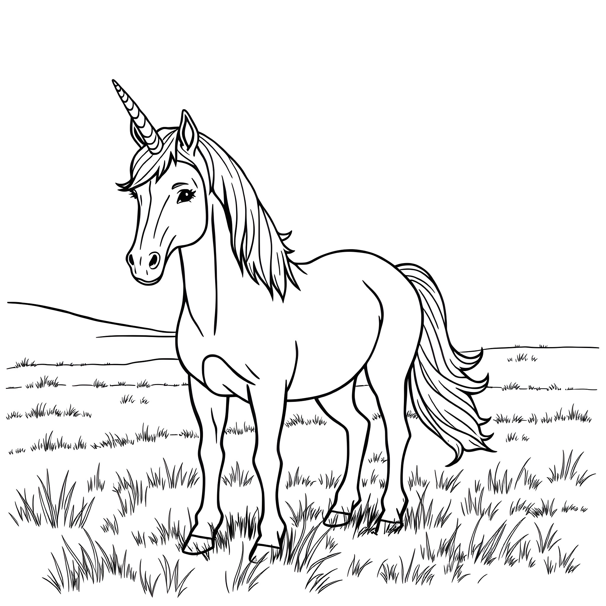 Unicorn standing gracefully in a meadow Coloring Page (free black-and-white line drawing printable PDF for all, from beginners to advanced learners, including children, teens, adults, and seniors)