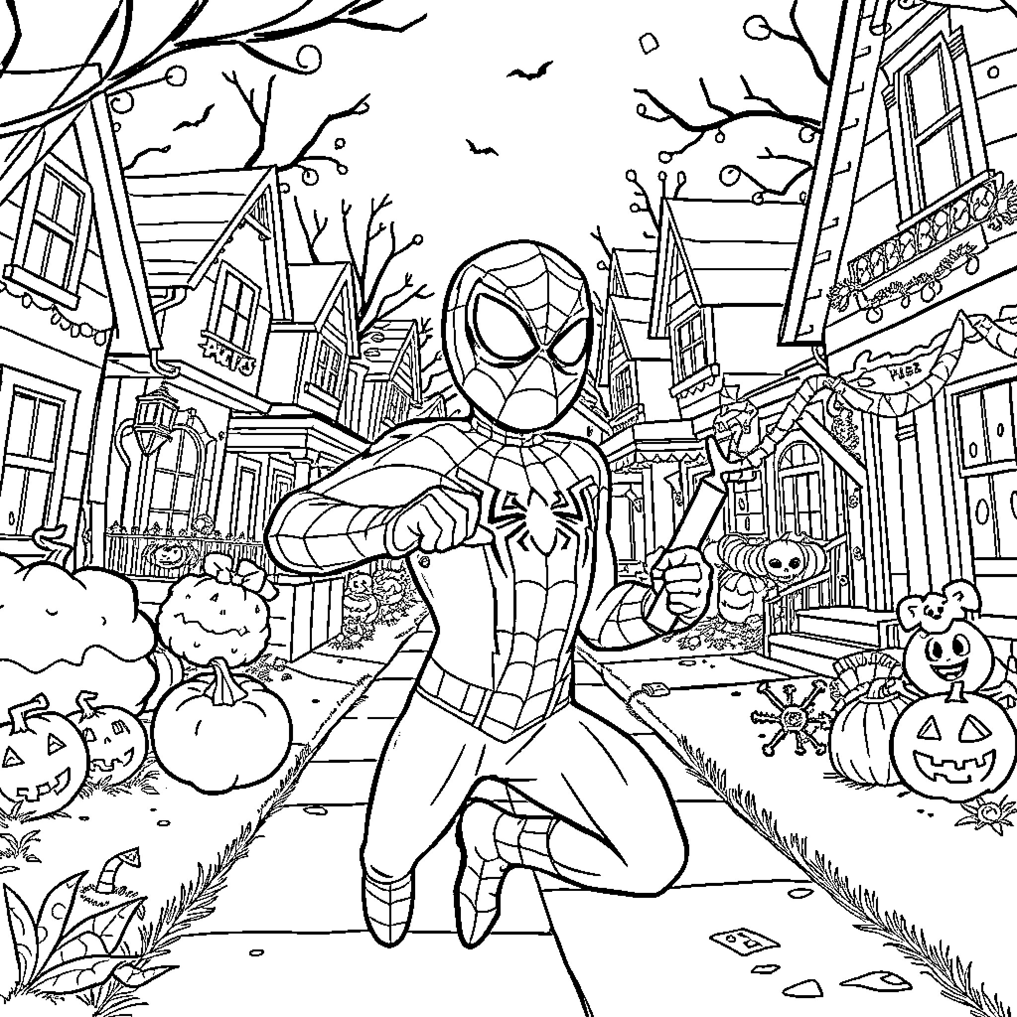 Spider-Man exploring a spooky Halloween scene Coloring Page (free black-and-white line drawing printable PDF for all, from beginners to advanced learners, including children, teens, adults, and seniors)