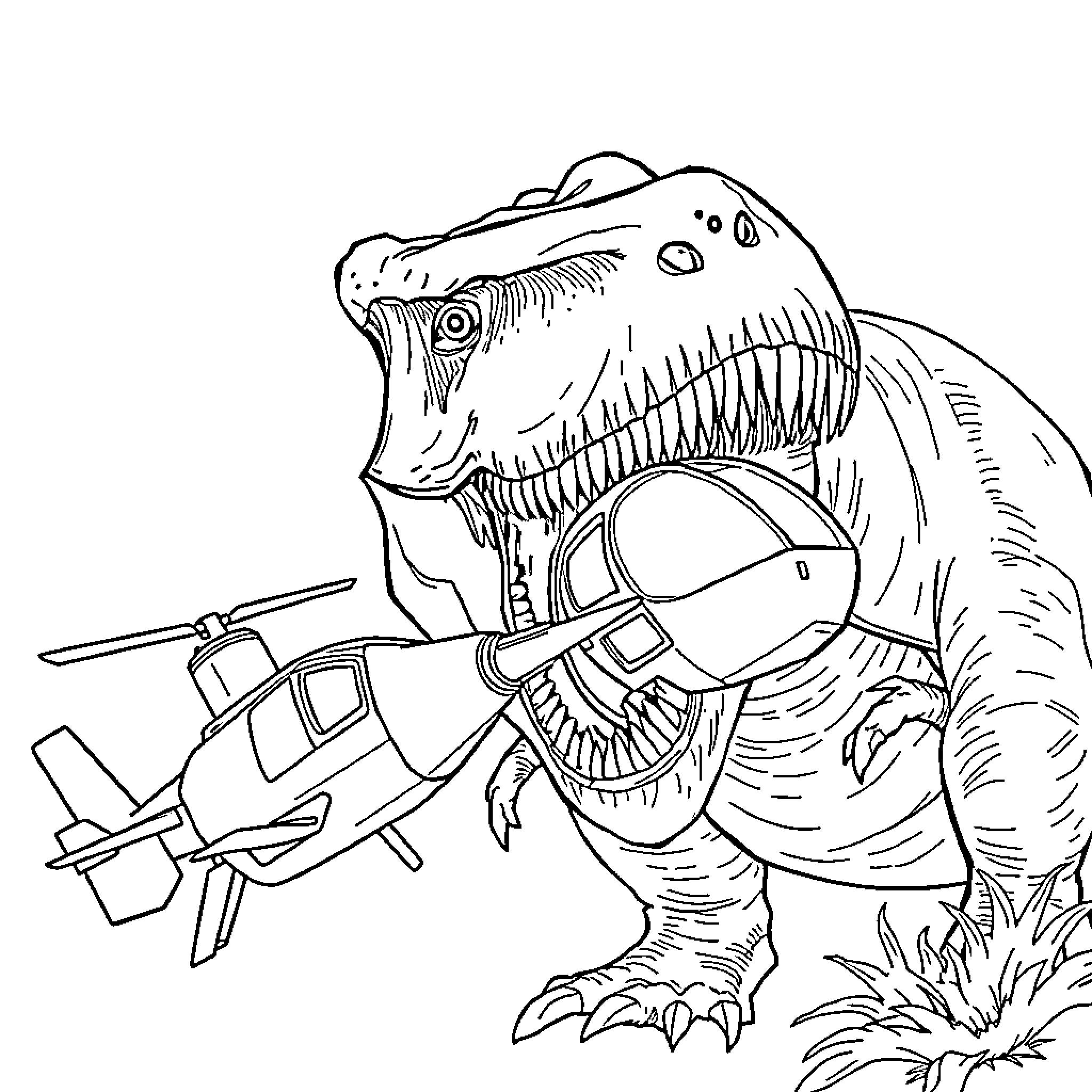 D-rex battles ferociously with helicopter Coloring Page (free black-and-white line drawing printable PDF for all, from beginners to advanced learners, including children, teens, adults, and seniors)