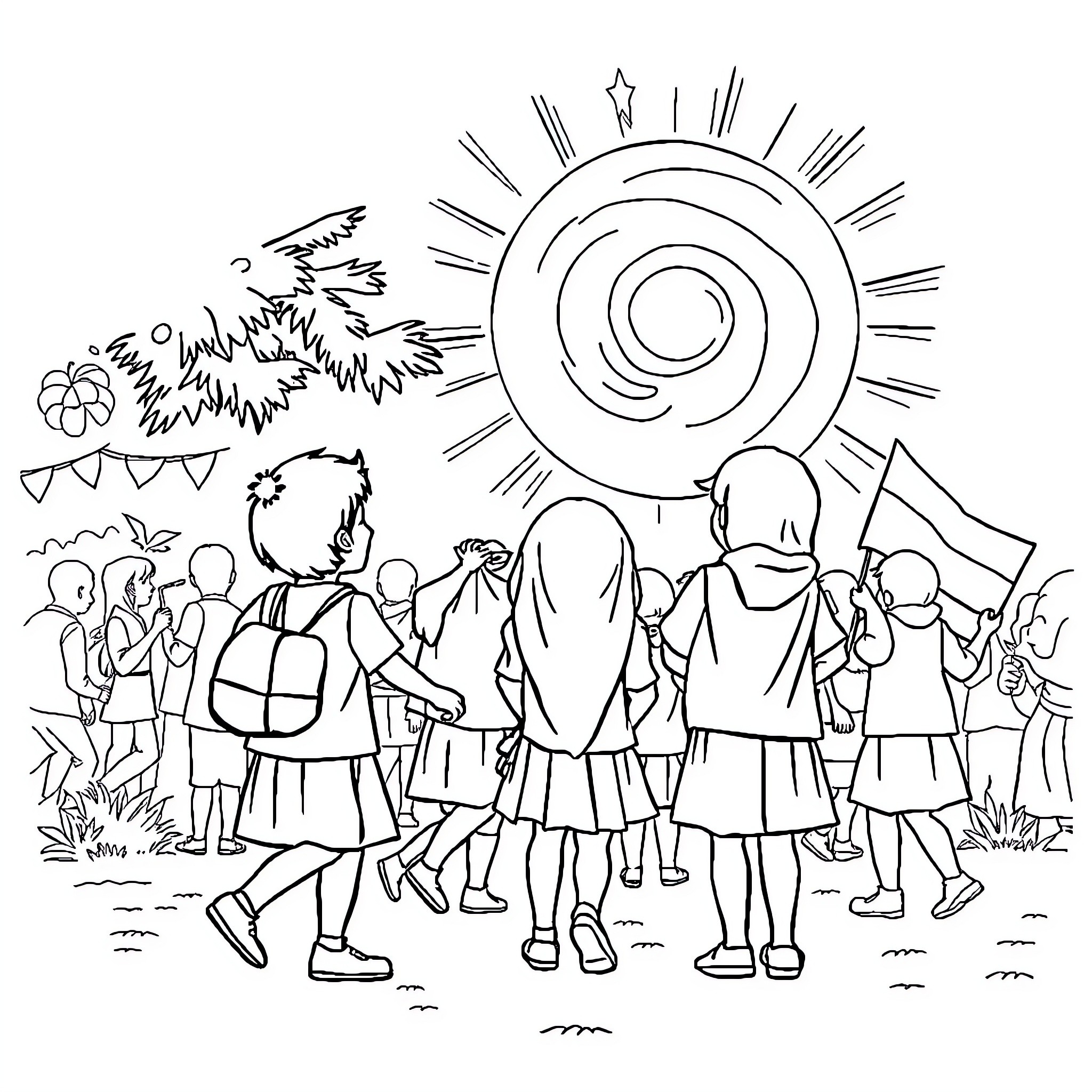 Anak-anak gathering and exploring outdoors Coloring Page (free black-and-white line drawing printable PDF for all, from beginners to advanced learners, including children, teens, adults, and seniors)
