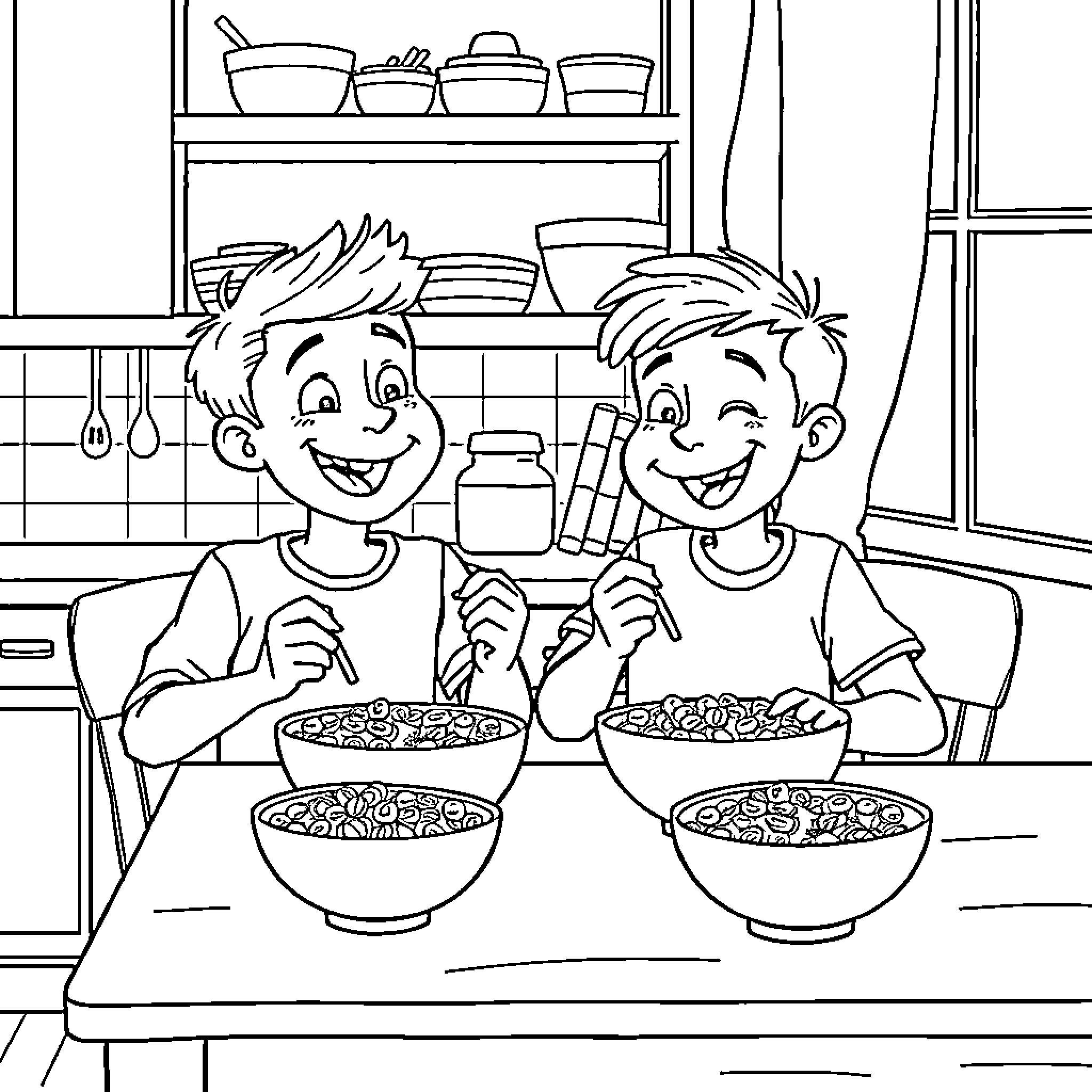 Simon and friend enjoy a meal in the kitchen Coloring Page (free black-and-white line drawing printable PDF for all, from beginners to advanced learners, including children, teens, adults, and seniors)