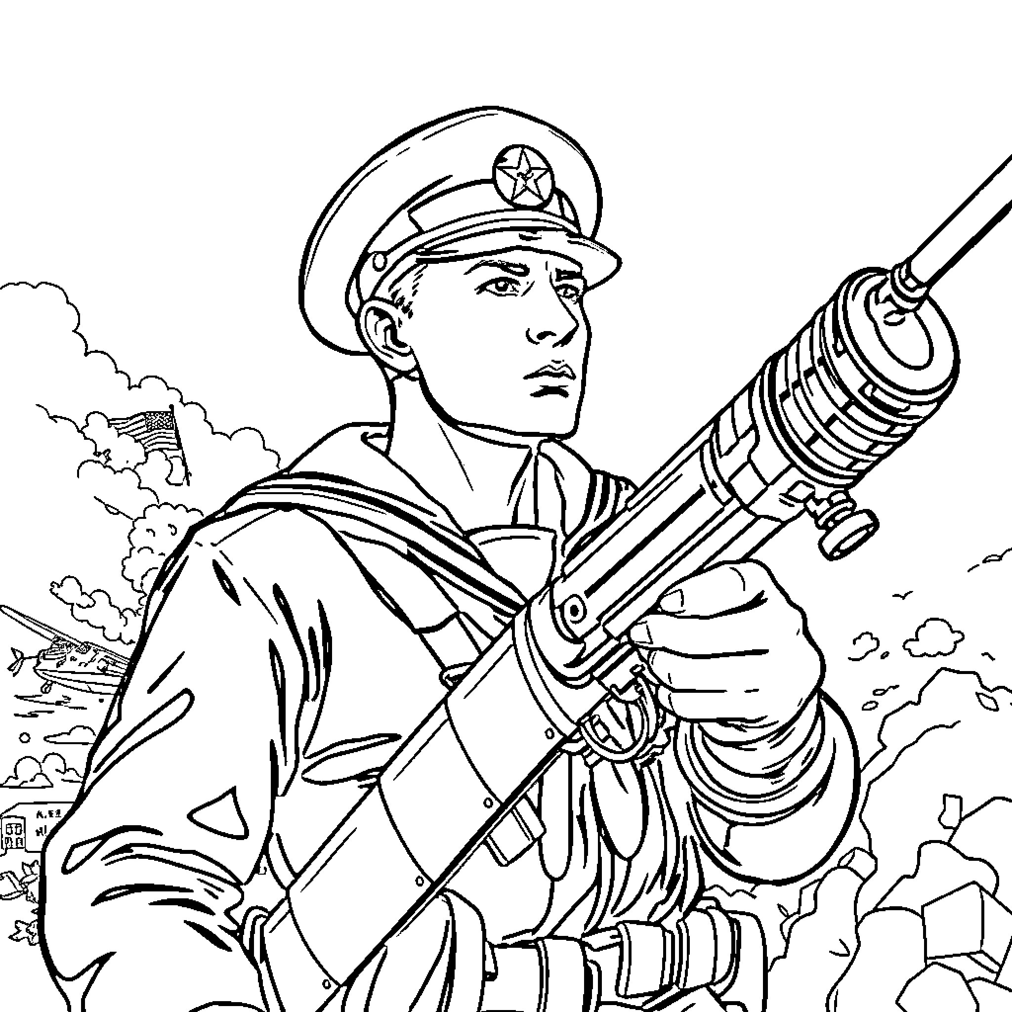 Sailor in Uniform Holding Rifle on Battlefield Coloring Page (free black-and-white line drawing printable PDF for all, from beginners to advanced learners, including children, teens, adults, and seniors)