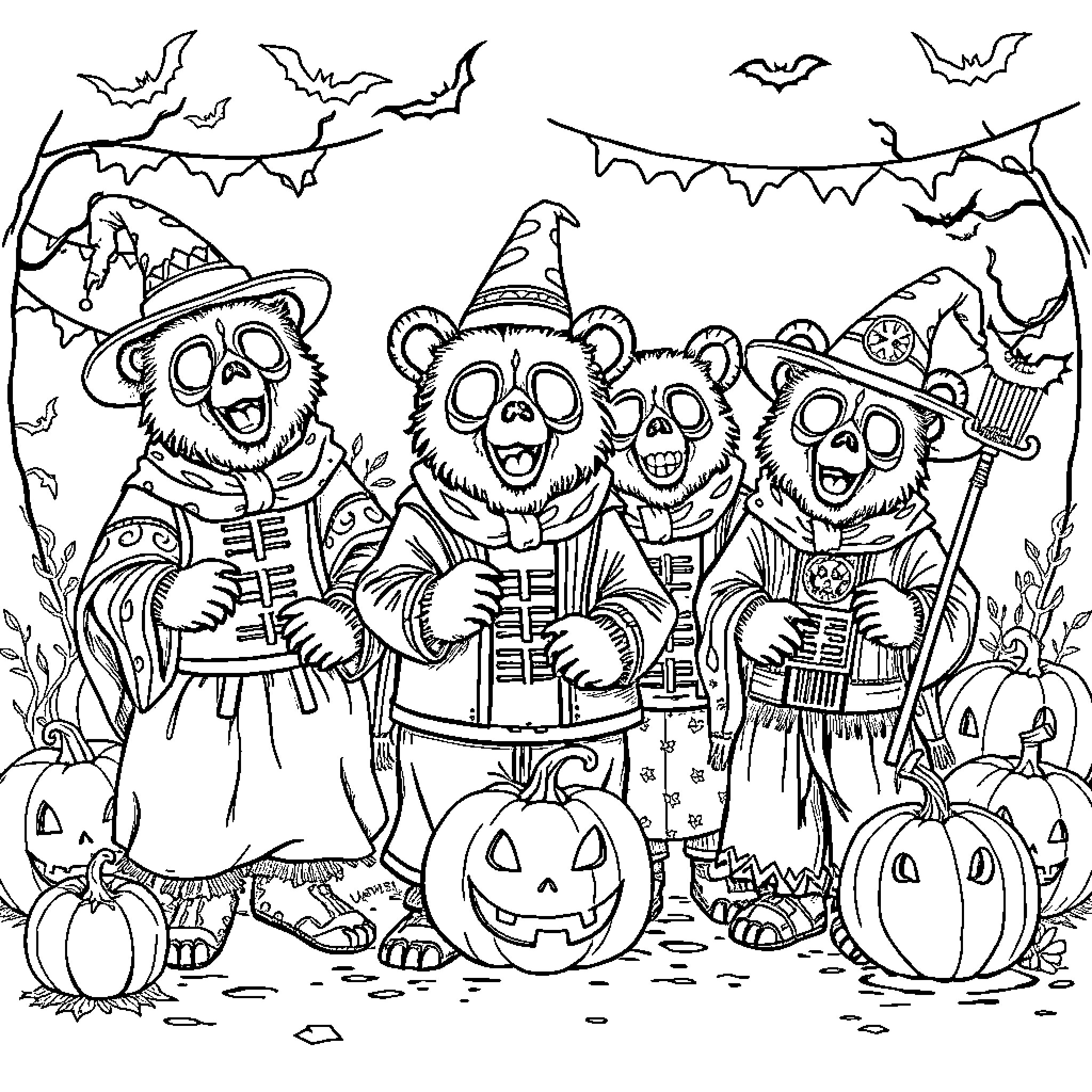 Bear family dressed up for Halloween celebration Coloring Page (free black-and-white line drawing printable PDF for all, from beginners to advanced learners, including children, teens, adults, and seniors)