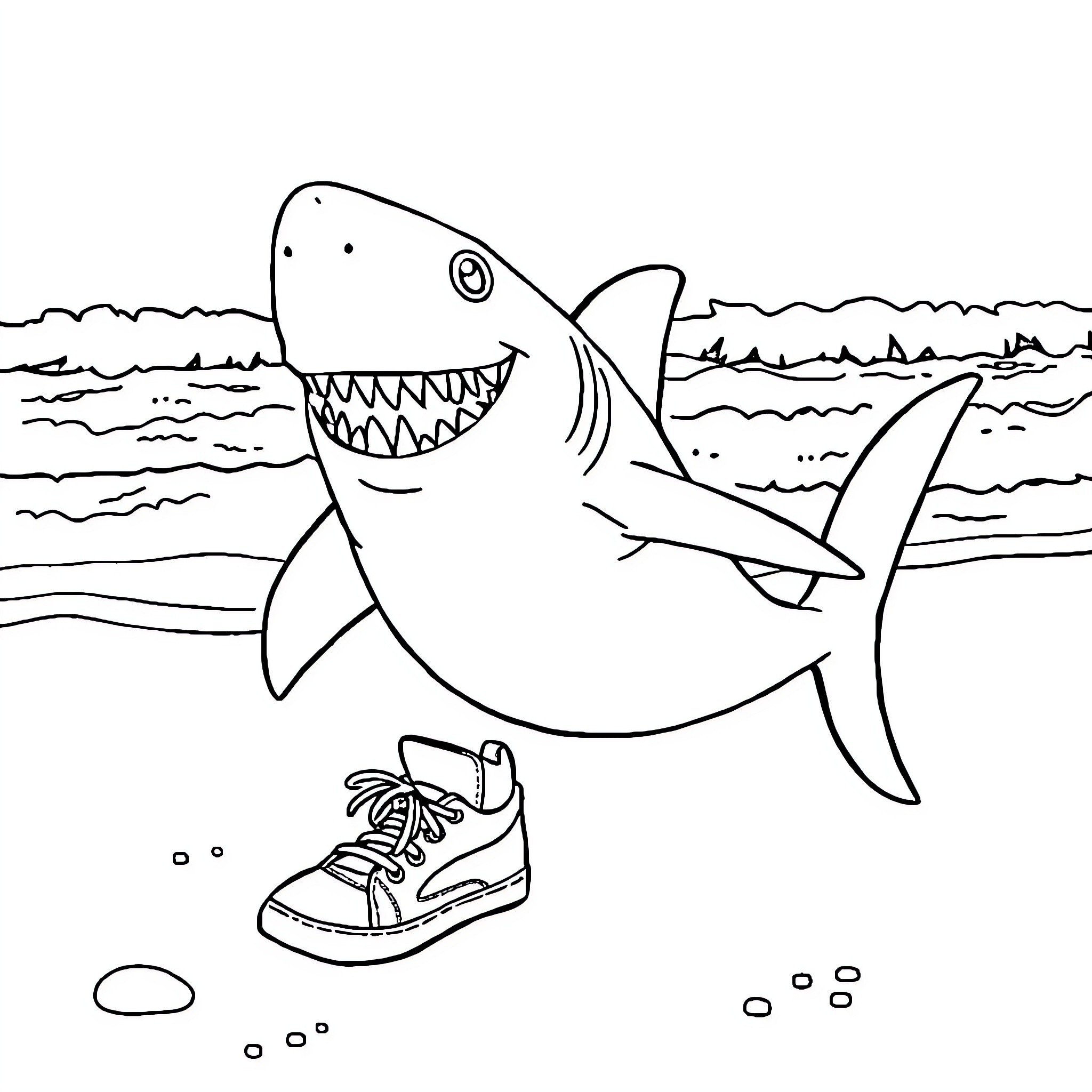 Shark chasing a shoe in the ocean Coloring Page (free black-and-white line drawing printable PDF for all, from beginners to advanced learners, including children, teens, adults, and seniors)