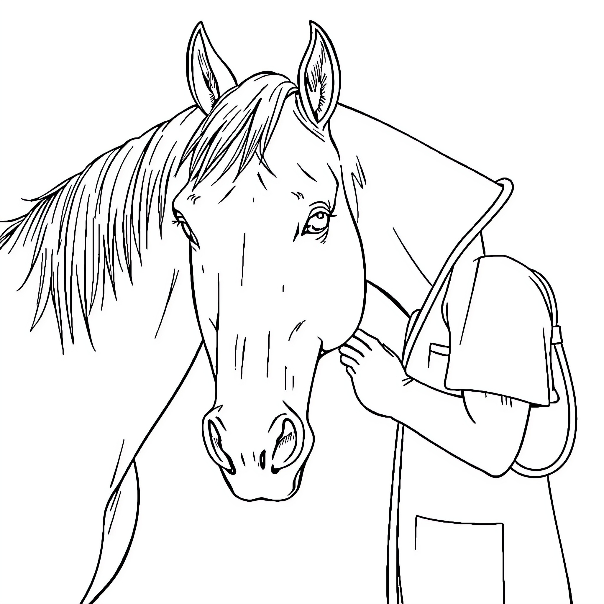 Horse being cared for by a person Coloring Page (free black-and-white line drawing printable PDF for all, from beginners to advanced learners, including children, teens, adults, and seniors)
