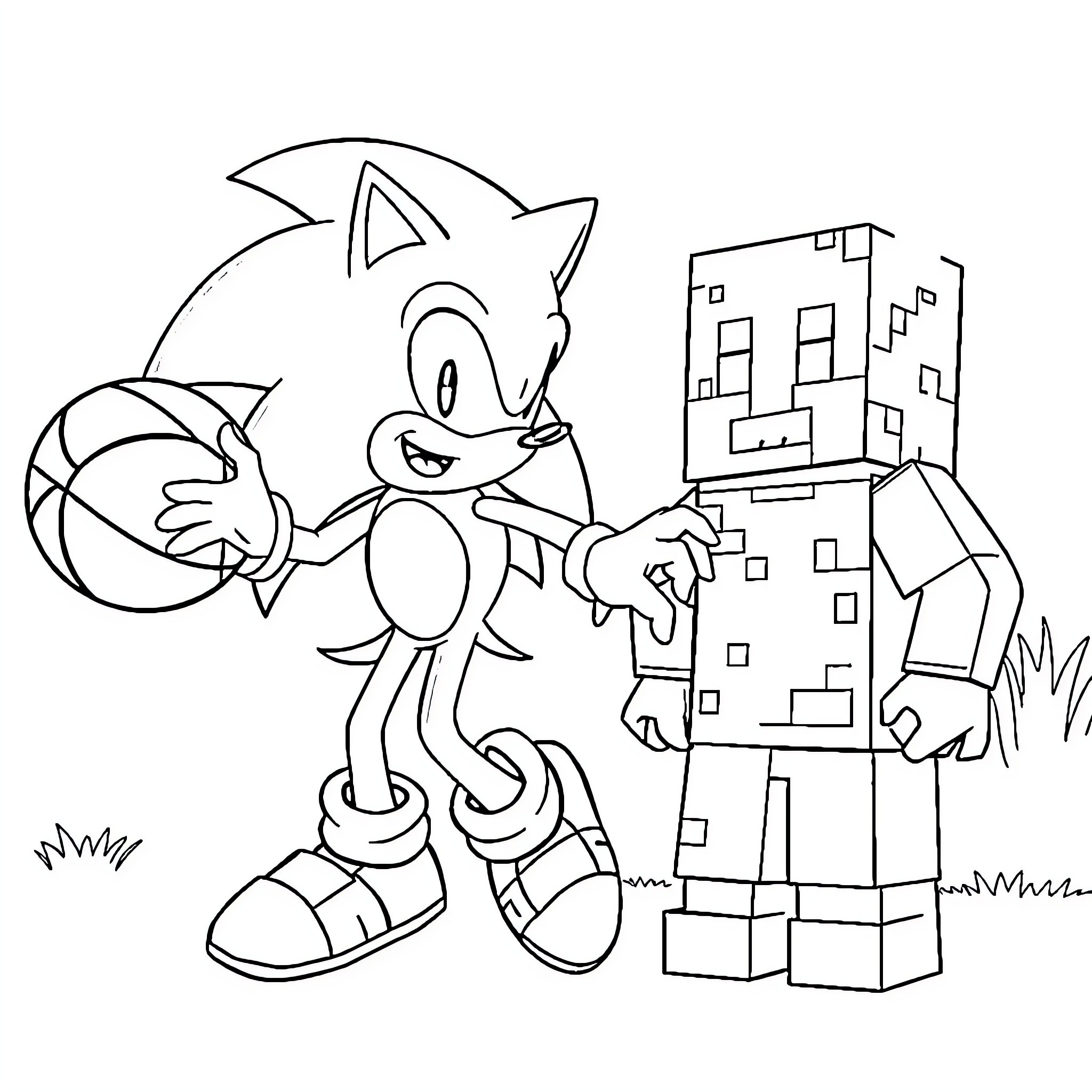 Sonic and Minecraft character playing together Coloring Page (free black-and-white line drawing printable PDF for all, from beginners to advanced learners, including children, teens, adults, and seniors)