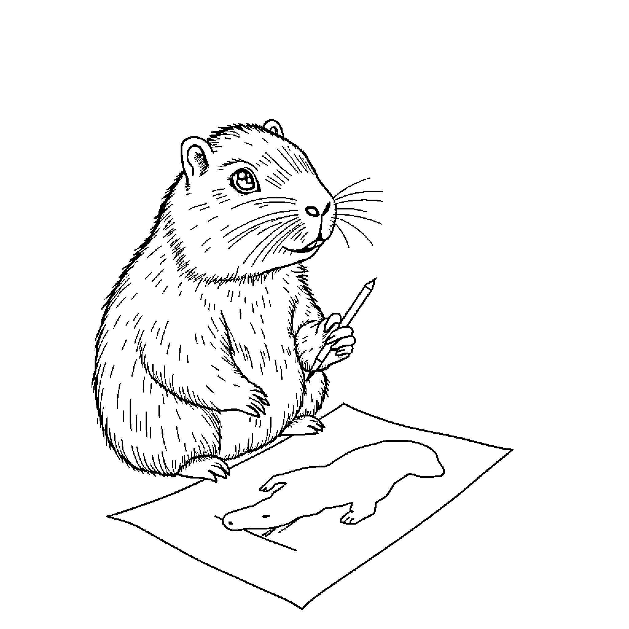 Capybara artist drawing a picture Coloring Page (free black-and-white line drawing printable PDF for all, from beginners to advanced learners, including children, teens, adults, and seniors)