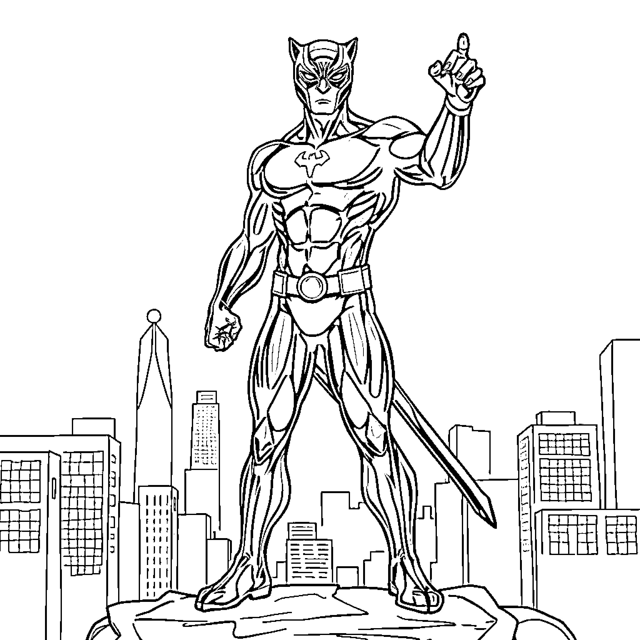 Panther superhero standing tall in the city Coloring Page (free black-and-white line drawing printable PDF for all, from beginners to advanced learners, including children, teens, adults, and seniors)