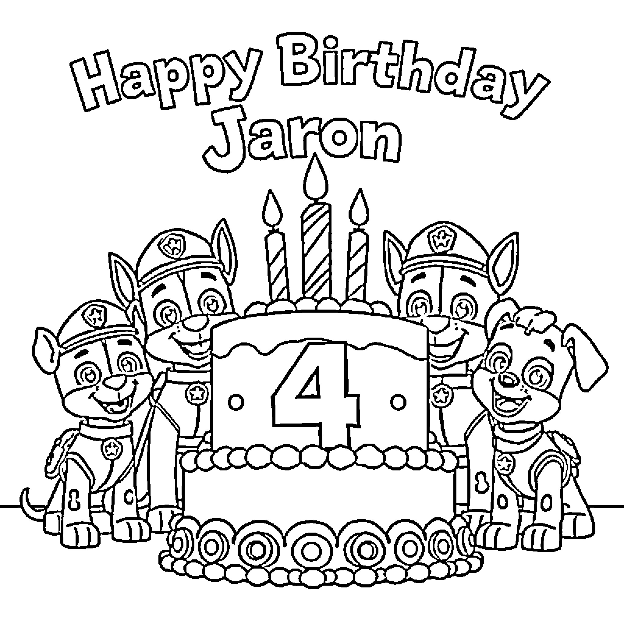 Paw Patrol characters celebrating Jaron's birthday Coloring Page (free black-and-white line drawing printable PDF for all, from beginners to advanced learners, including children, teens, adults, and seniors)