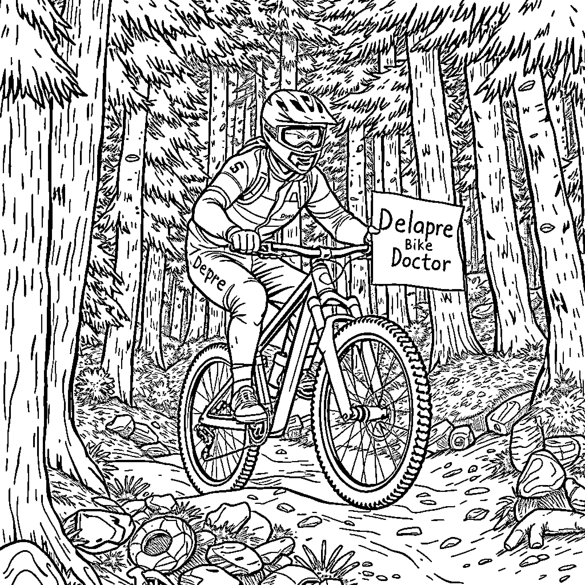 Biker traversing the rugged forest trail Coloring Page (free black-and-white line drawing printable PDF for all, from beginners to advanced learners, including children, teens, adults, and seniors)