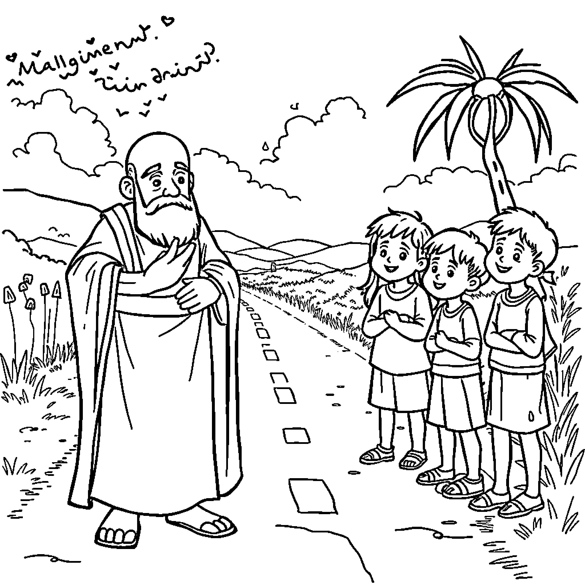 Elisha leading children on a journey Coloring Page (free black-and-white line drawing printable PDF for all, from beginners to advanced learners, including children, teens, adults, and seniors)