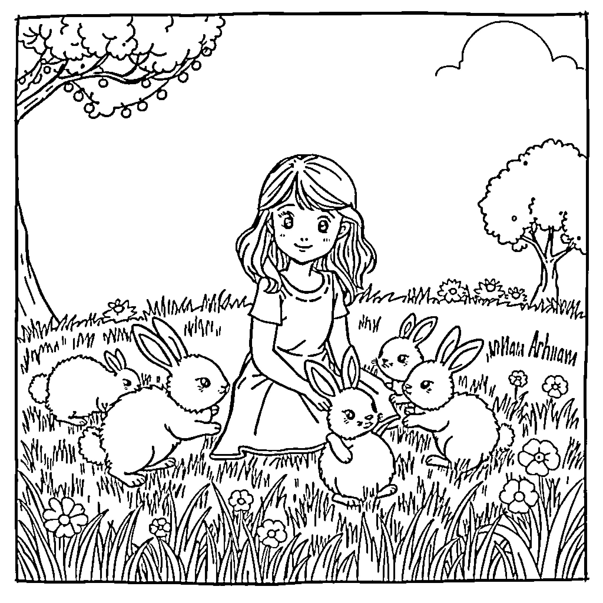 Girl enjoying nature with bunnies Coloring Page (free black-and-white line drawing printable PDF for all, from beginners to advanced learners, including children, teens, adults, and seniors)