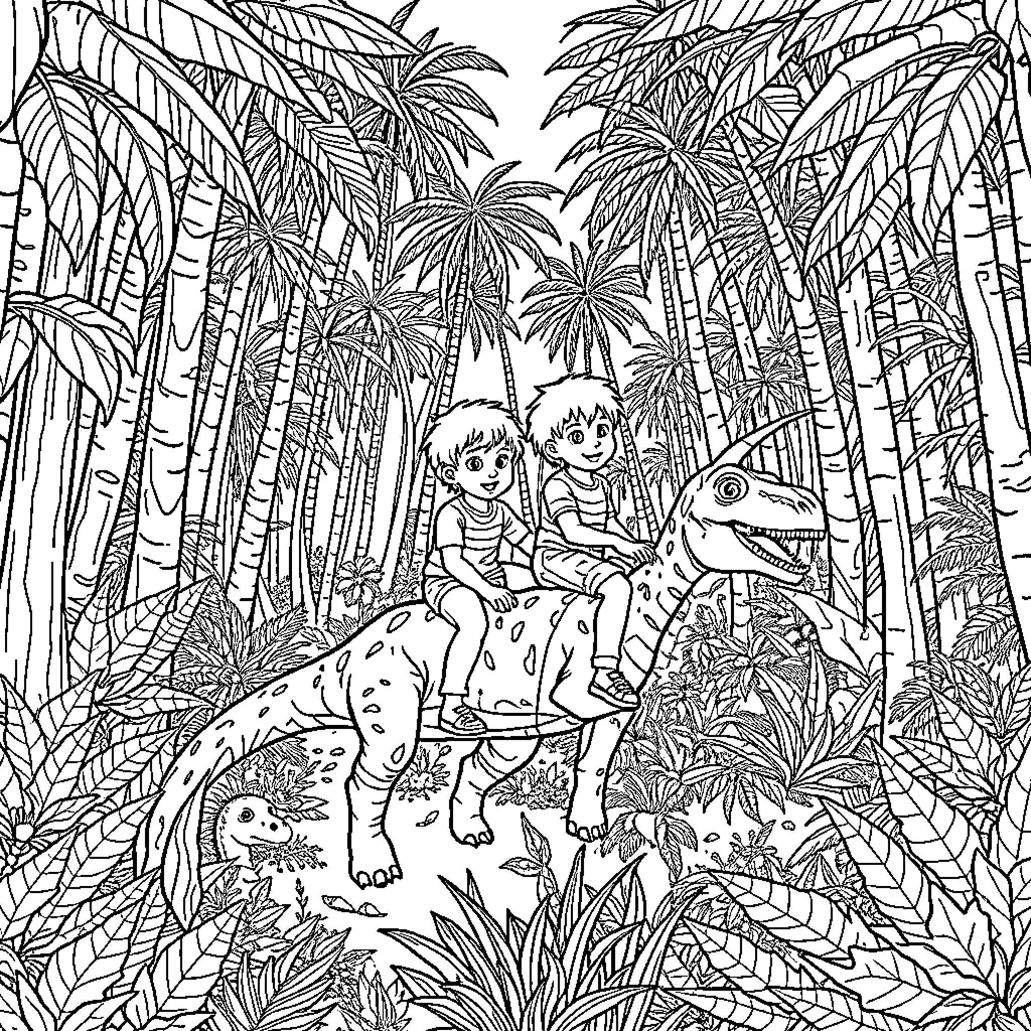 Boy and Girl Exploring Jungle Adventure Coloring Page (free black-and-white line drawing printable PDF for all, from beginners to advanced learners, including children, teens, adults, and seniors)