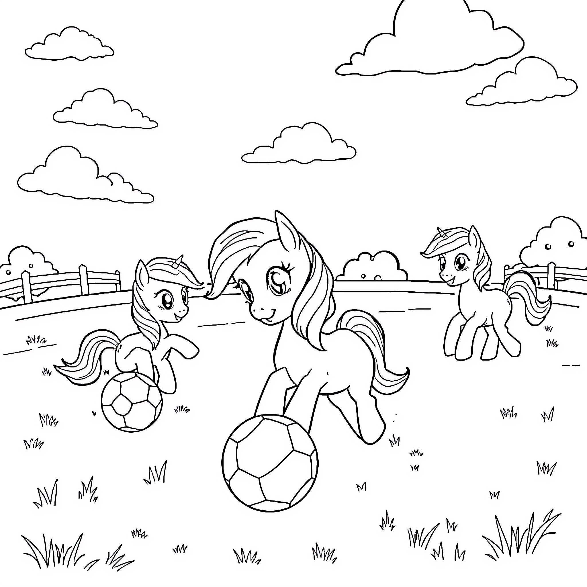 Ponies playing happily with soccer balls on the field Coloring Page (free black-and-white line drawing printable PDF for all, from beginners to advanced learners, including children, teens, adults, and seniors)