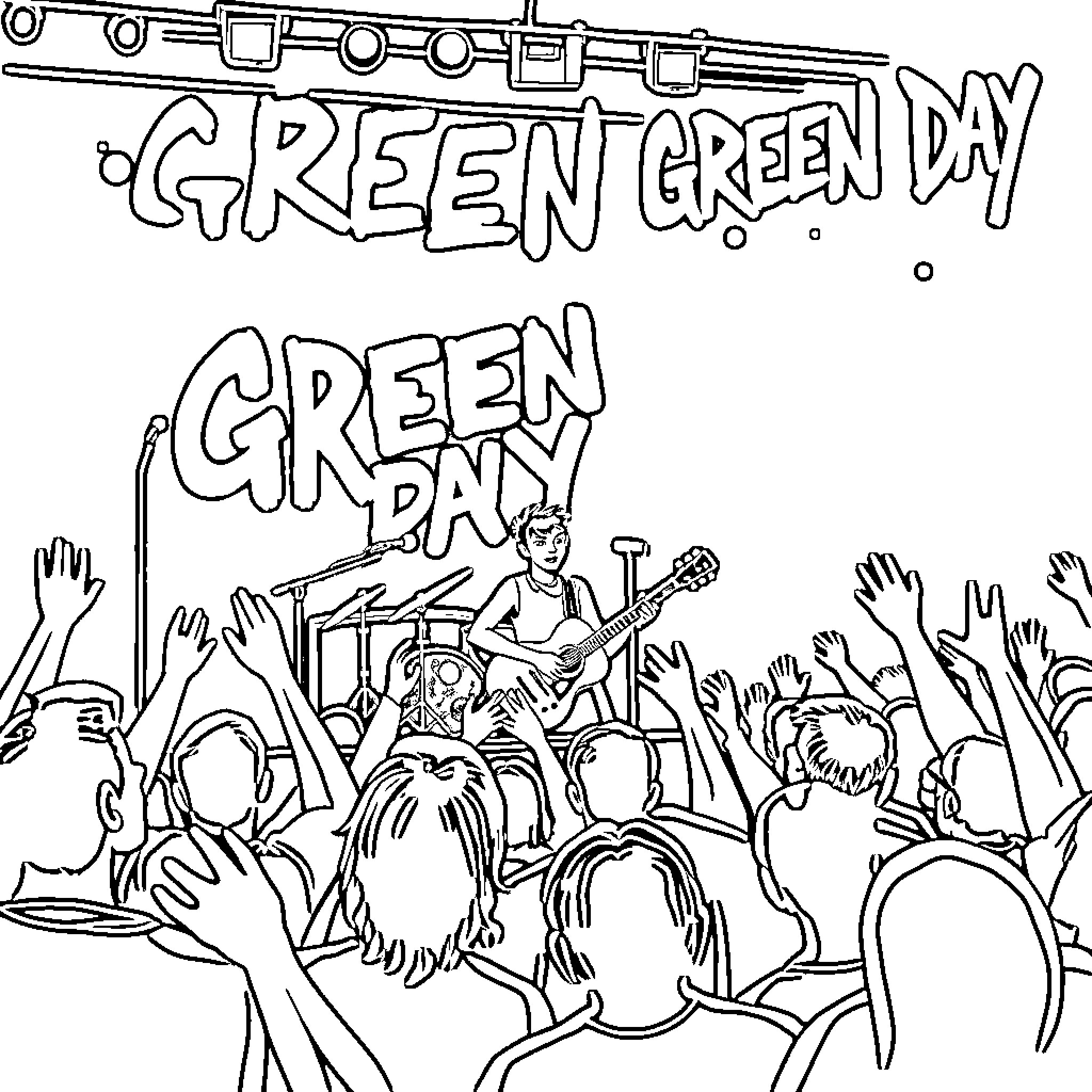 Green Day performing for an enthusiastic crowd Coloring Page (free black-and-white line drawing printable PDF for all, from beginners to advanced learners, including children, teens, adults, and seniors)