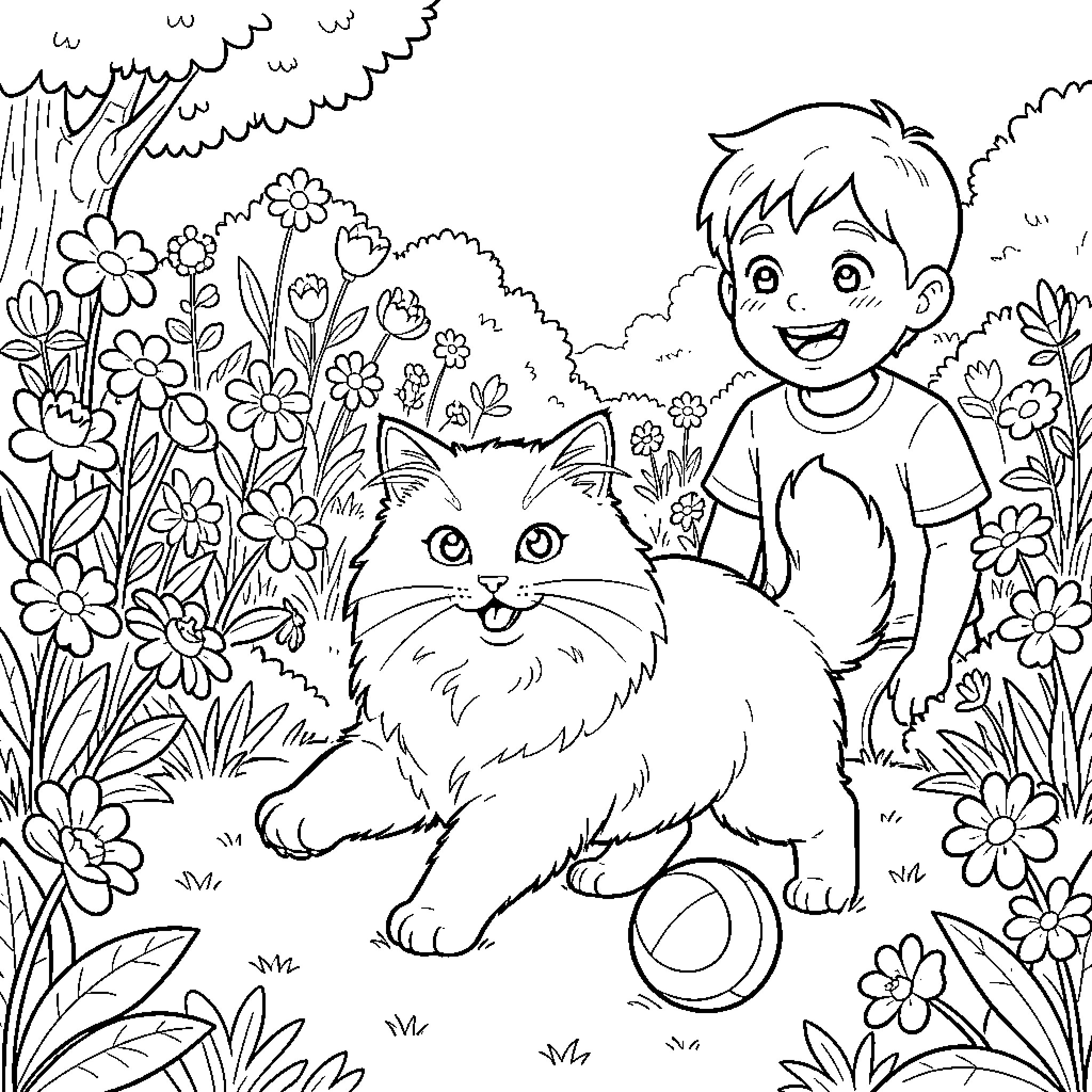 Cat and Boy Exploring Colorful Garden Coloring Page (free black-and-white line drawing printable PDF for all, from beginners to advanced learners, including children, teens, adults, and seniors)