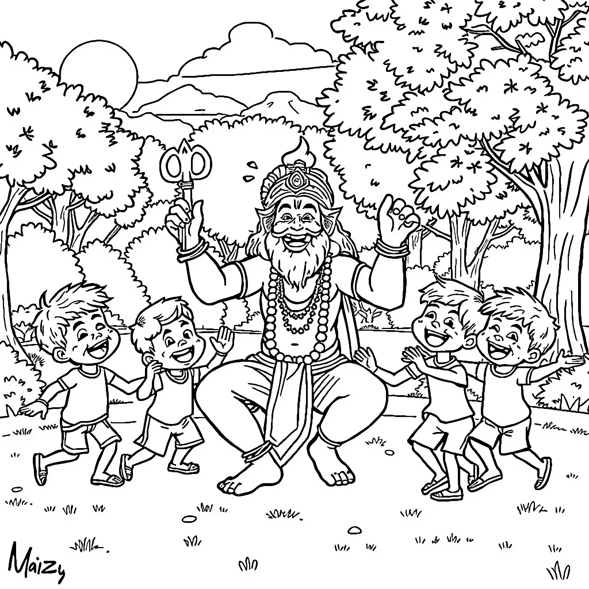 Hanuman leading children in joyful celebration Coloring Page (free black-and-white line drawing printable PDF for all, from beginners to advanced learners, including children, teens, adults, and seniors)