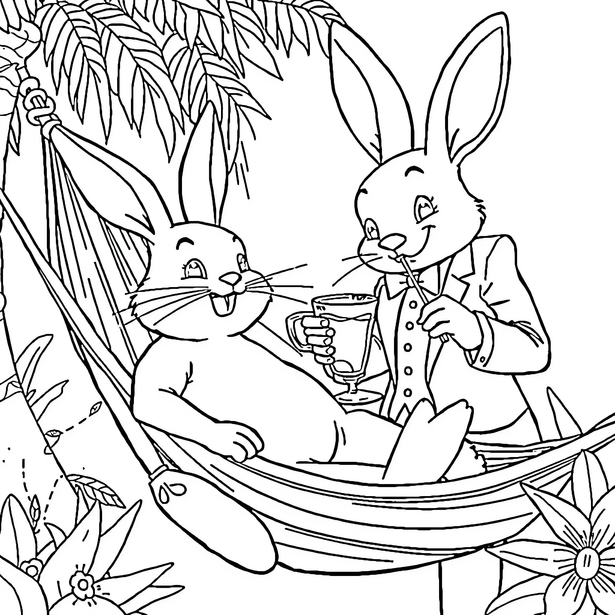 Rabbits relaxing in a hammock in the garden Coloring Page (free black-and-white line drawing printable PDF for all, from beginners to advanced learners, including children, teens, adults, and seniors)