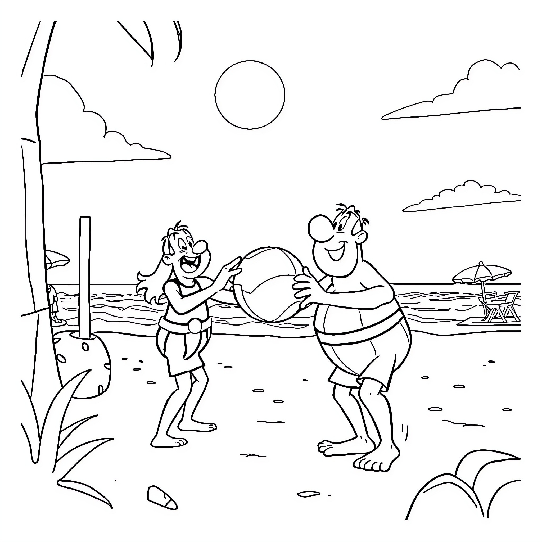 Asterix and Obelix playing on the beach Coloring Page (free black-and-white line drawing printable PDF for all, from beginners to advanced learners, including children, teens, adults, and seniors)