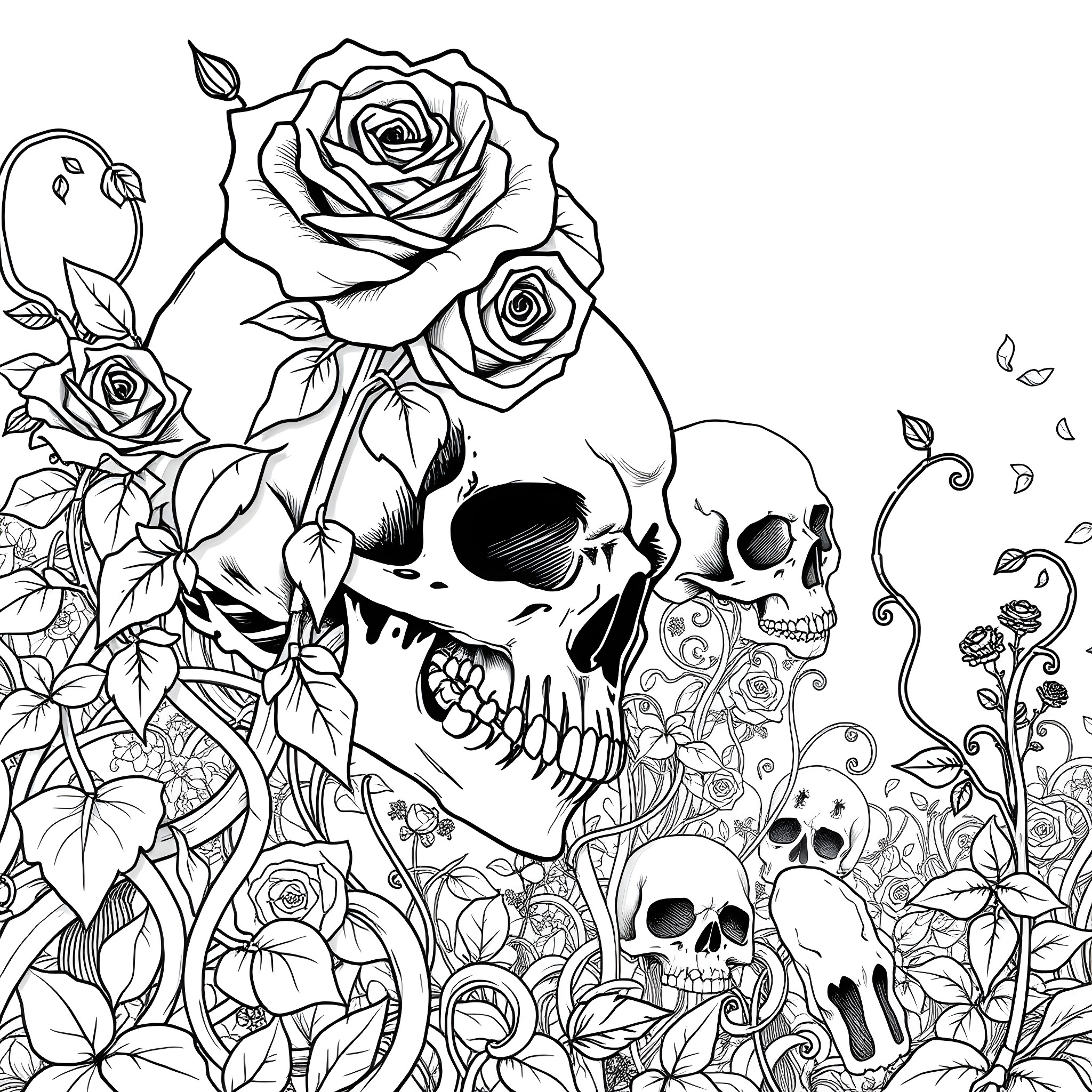 Rose Skull and Floral Illustration Coloring Page (free black-and-white line drawing printable PDF for all, from beginners to advanced learners, including children, teens, adults, and seniors)