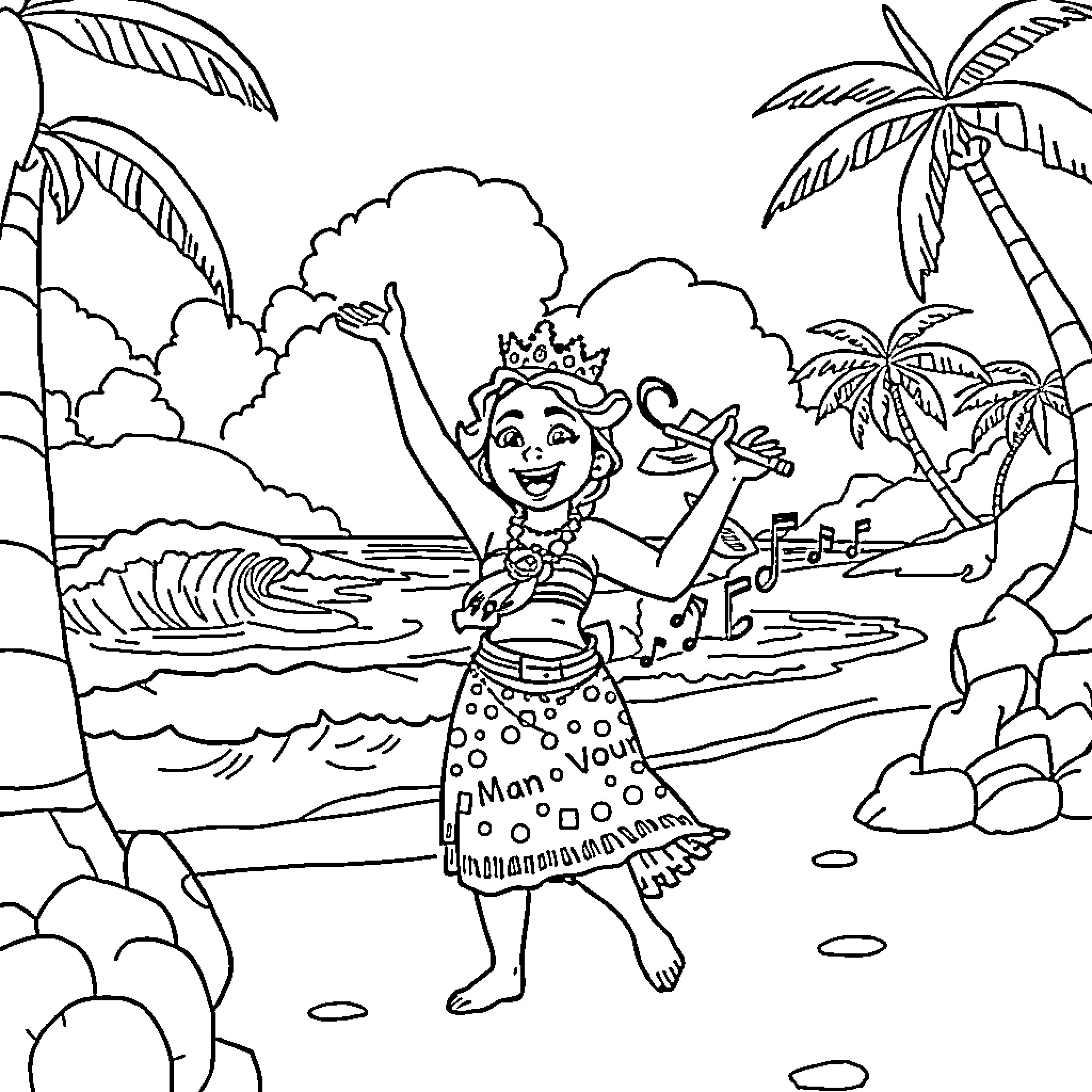 Moana exploring the island paradise Coloring Page (free black-and-white line drawing printable PDF for all, from beginners to advanced learners, including children, teens, adults, and seniors)