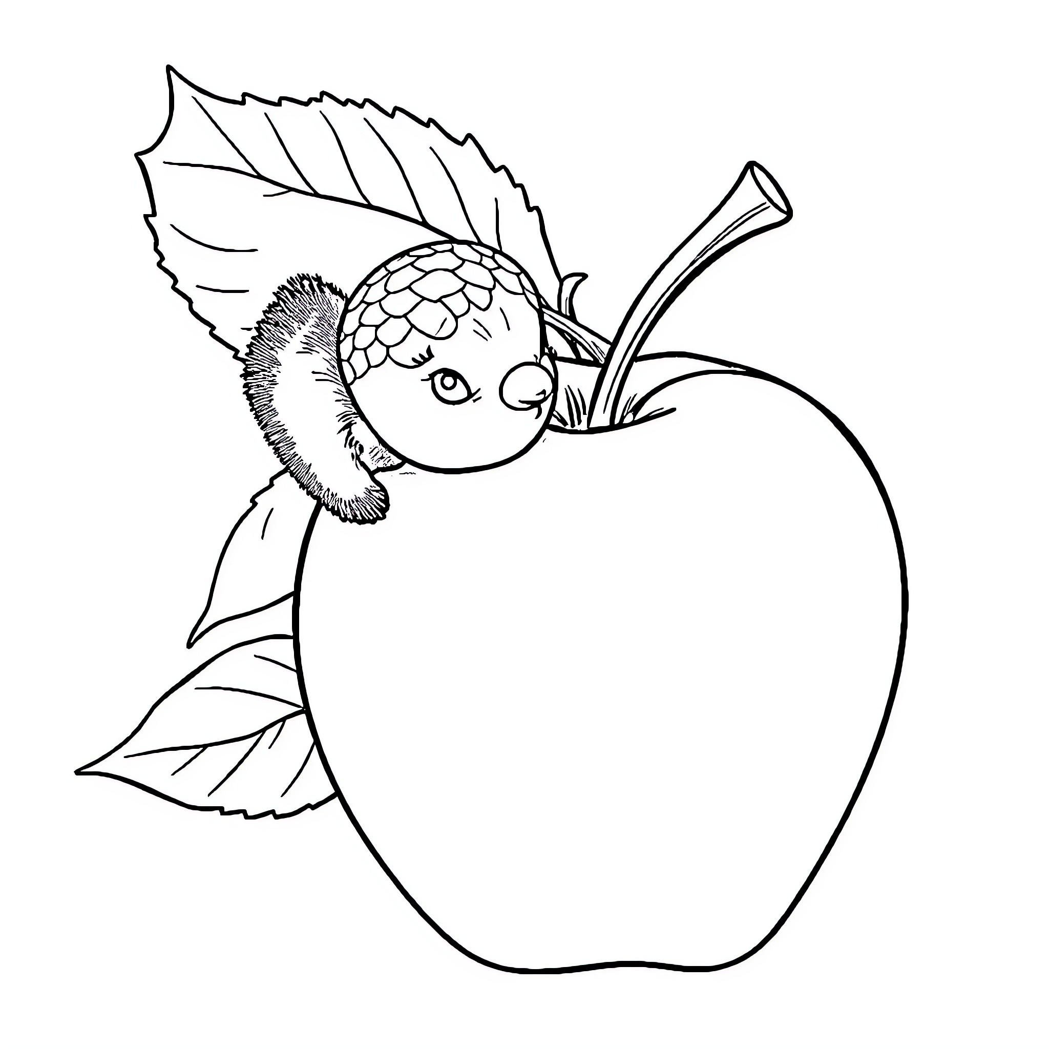 Acorn munching on a juicy apple Coloring Page (free black-and-white line drawing printable PDF for all, from beginners to advanced learners, including children, teens, adults, and seniors)