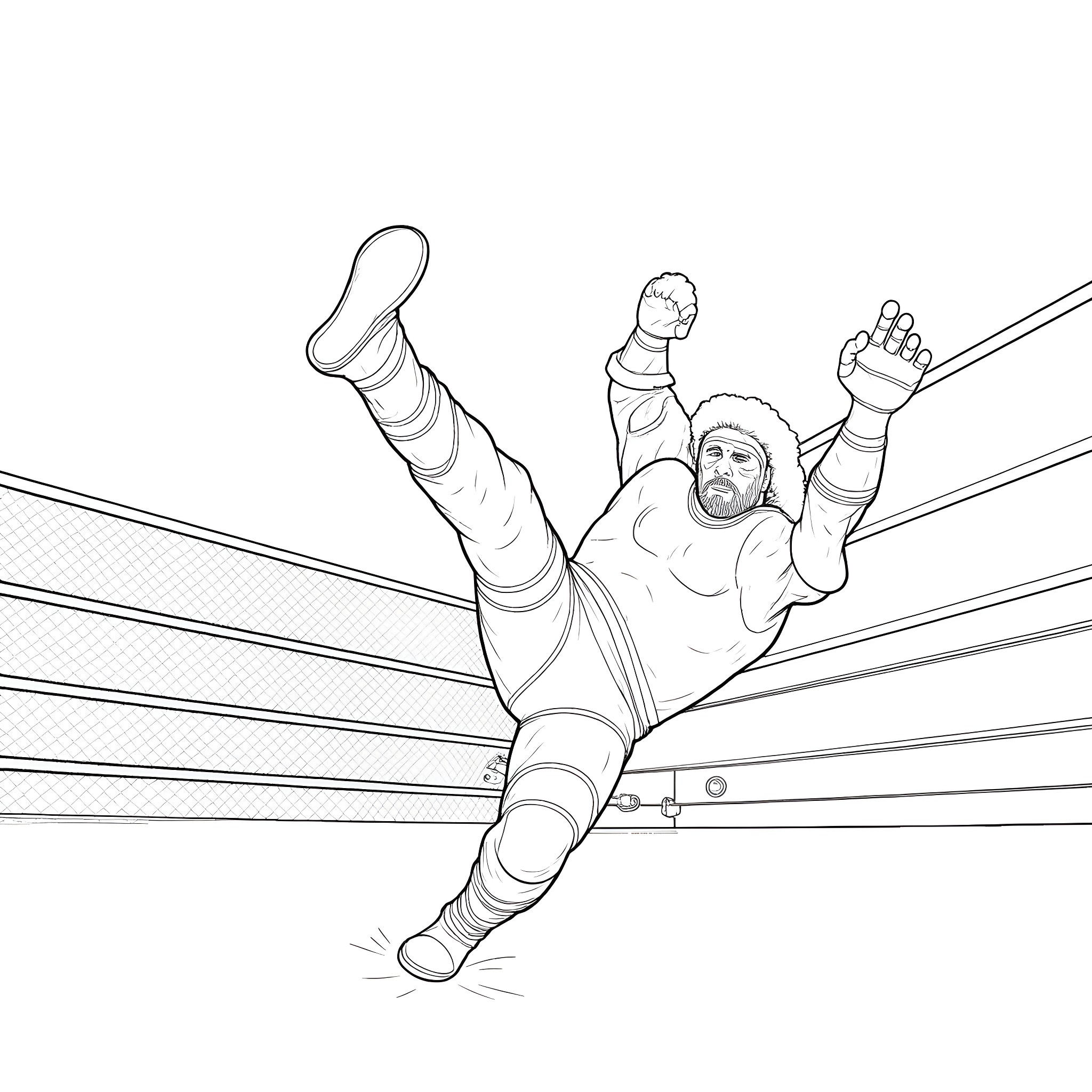 Wrestler performing acrobatic move in the ring Coloring Page (free black-and-white line drawing printable PDF for all, from beginners to advanced learners, including children, teens, adults, and seniors)