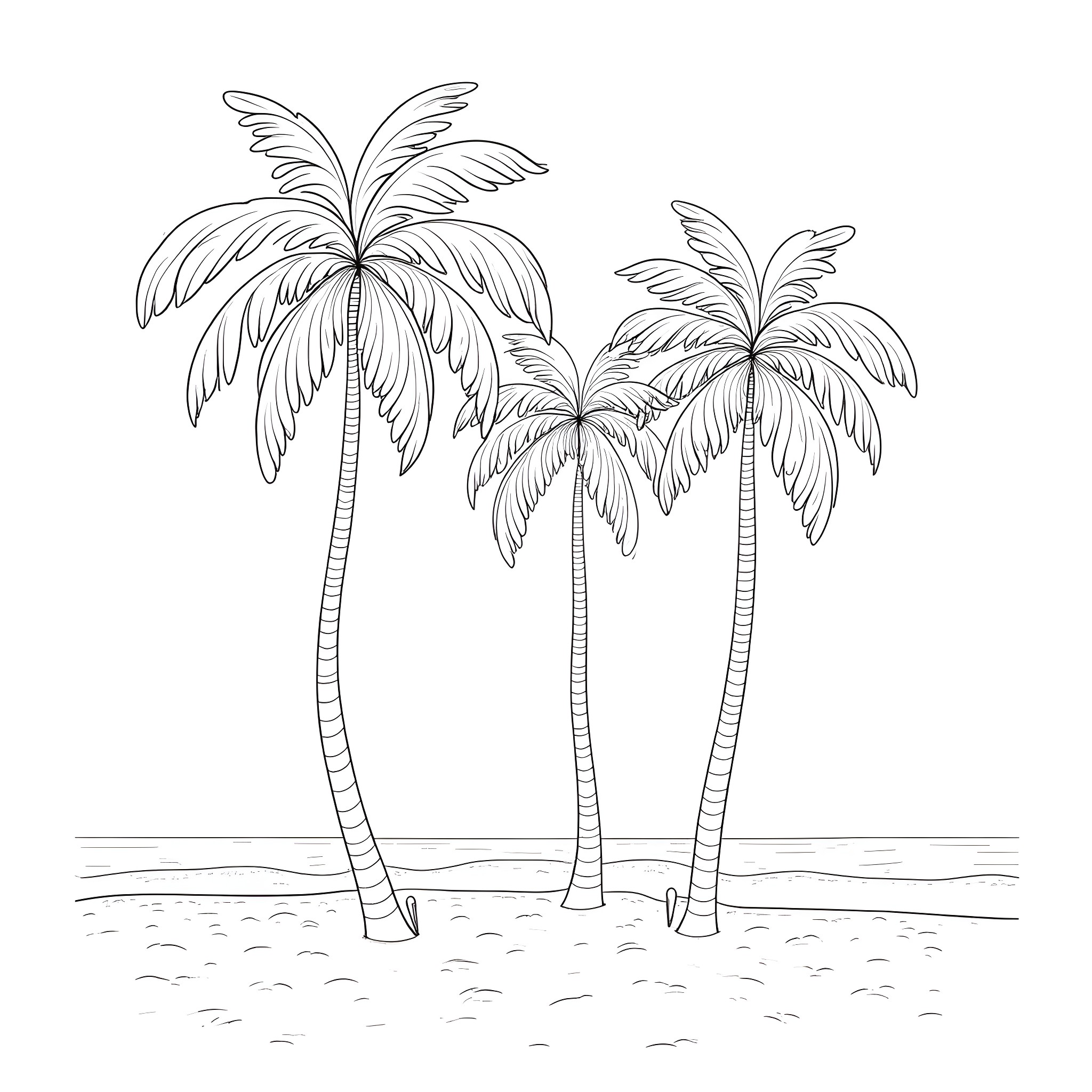Palm Trees on a Beach Coloring Page (free black-and-white line drawing printable PDF for all, from beginners to advanced learners, including children, teens, adults, and seniors)