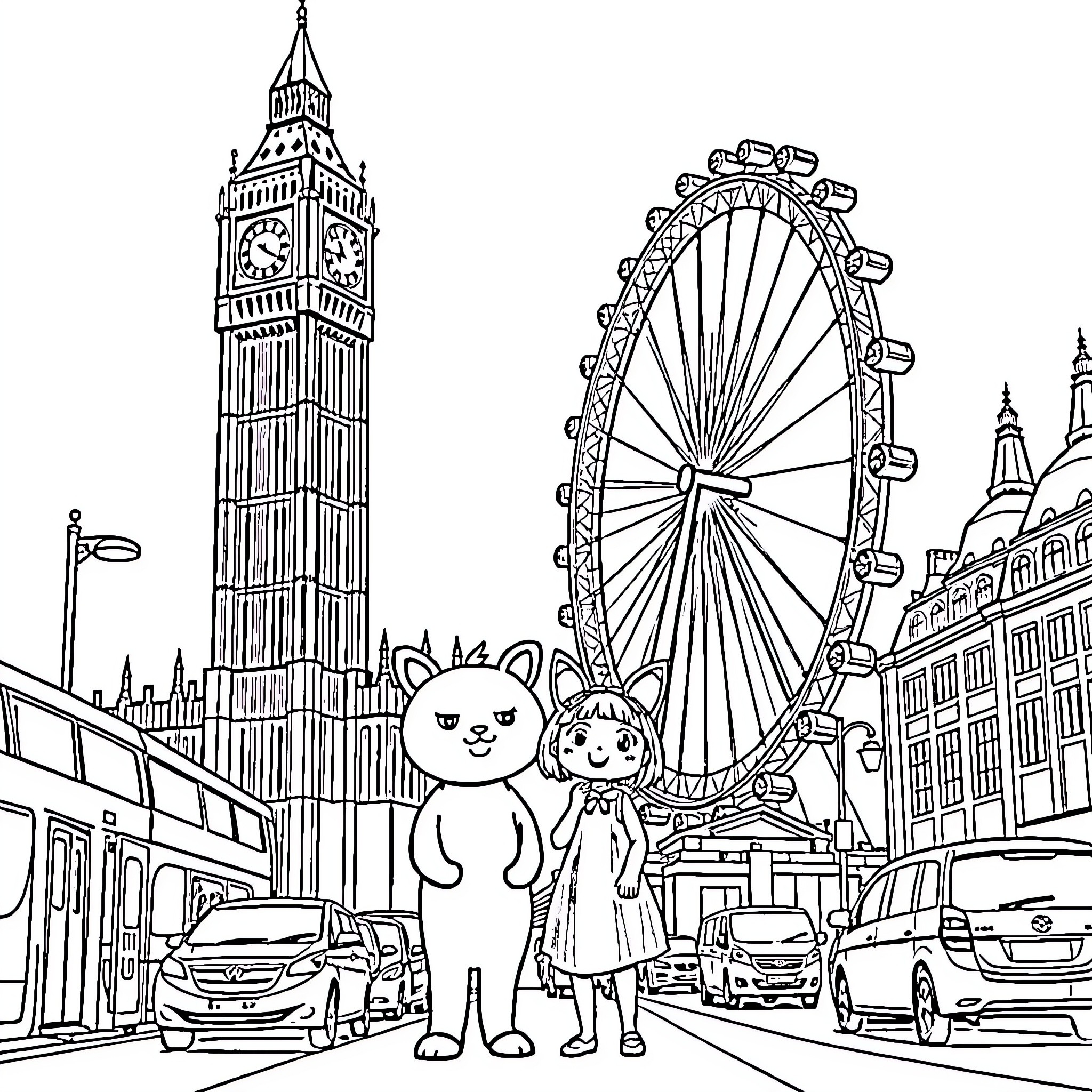 Labubu and friend explore London's iconic landmarks Coloring Page (free black-and-white line drawing printable PDF for all, from beginners to advanced learners, including children, teens, adults, and seniors)