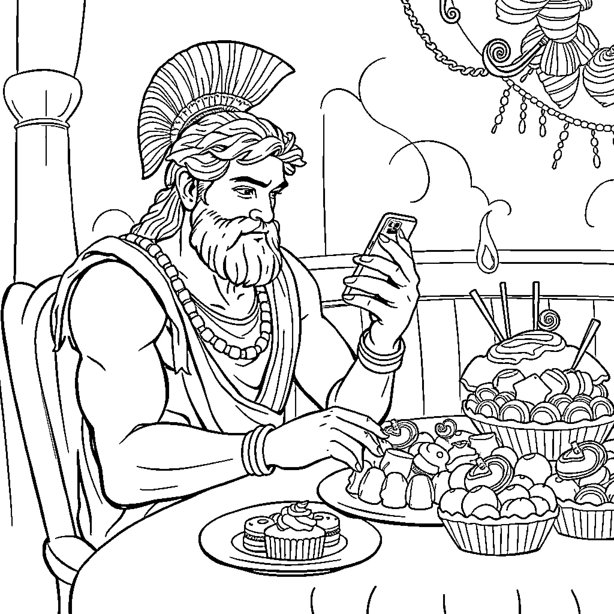 Achilles Enjoys Decadent Desserts while Admiring His Phone Coloring Page (free black-and-white line drawing printable PDF for all, from beginners to advanced learners, including children, teens, adults, and seniors)