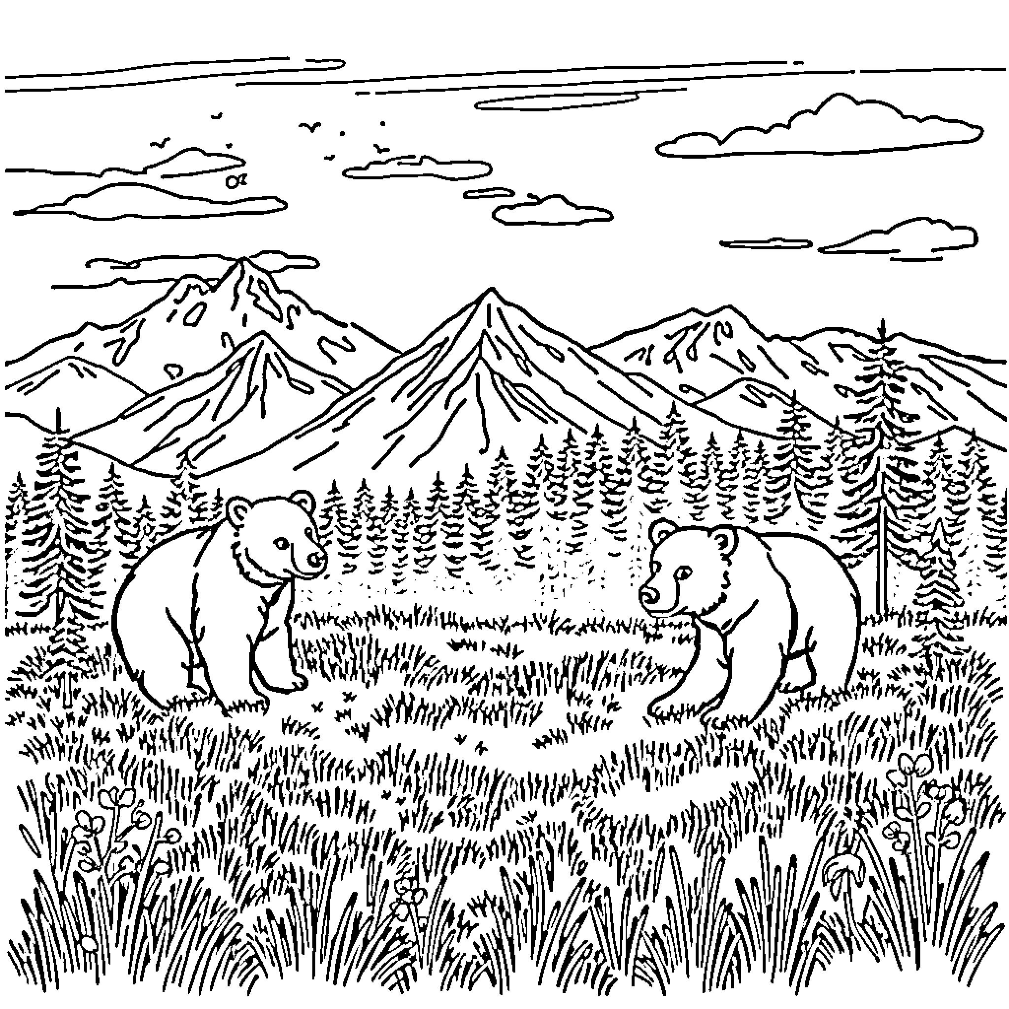 Bears exploring the majestic mountain landscape Coloring Page (free black-and-white line drawing printable PDF for all, from beginners to advanced learners, including children, teens, adults, and seniors)