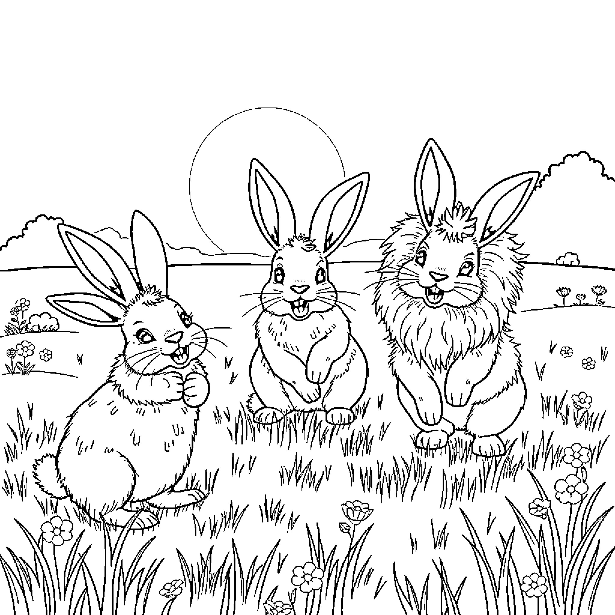 Rabbits hopping through a scenic meadow Coloring Page (free black-and-white line drawing printable PDF for all, from beginners to advanced learners, including children, teens, adults, and seniors)
