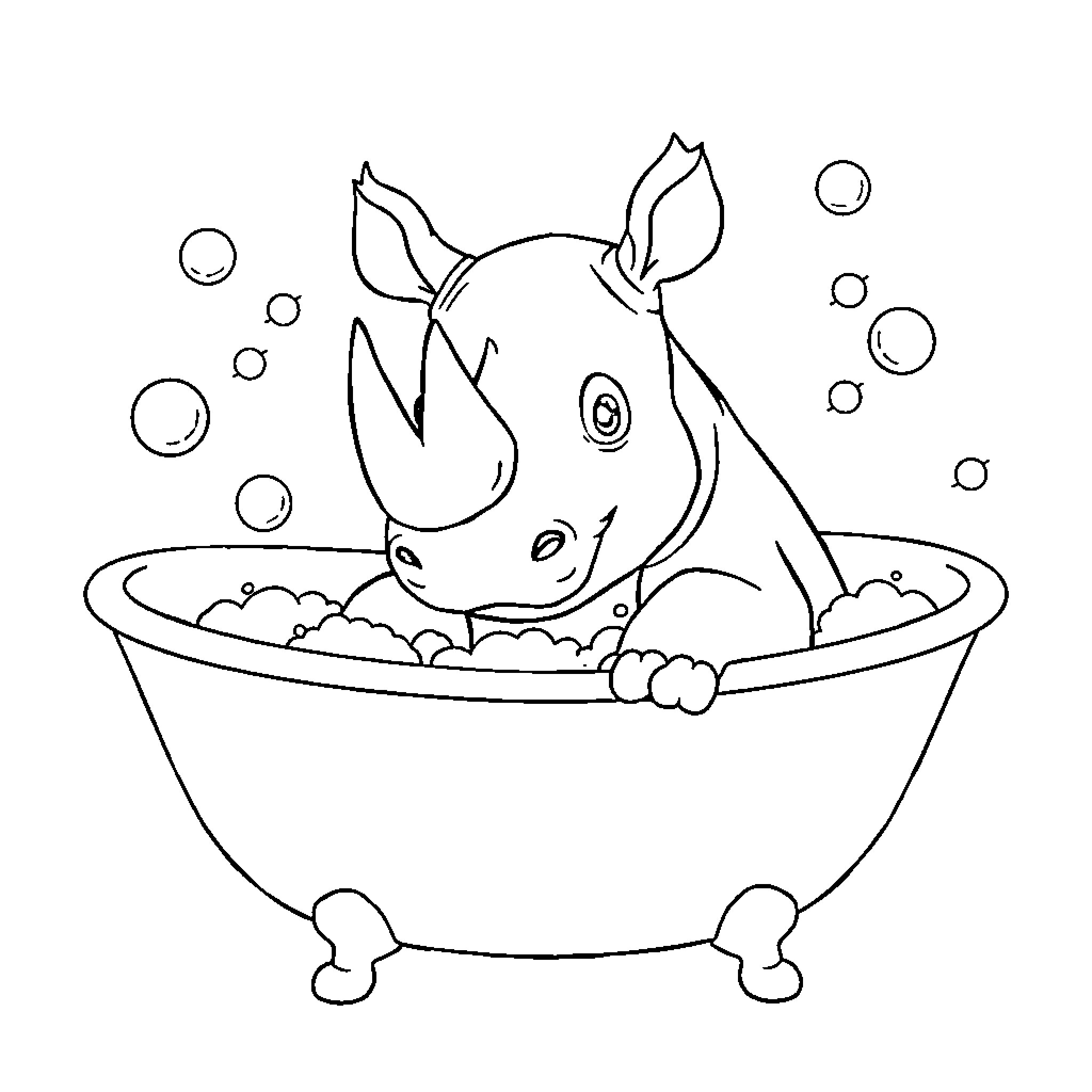 Rhino relaxing in a bubble bath Coloring Page (free black-and-white line drawing printable PDF for all, from beginners to advanced learners, including children, teens, adults, and seniors)