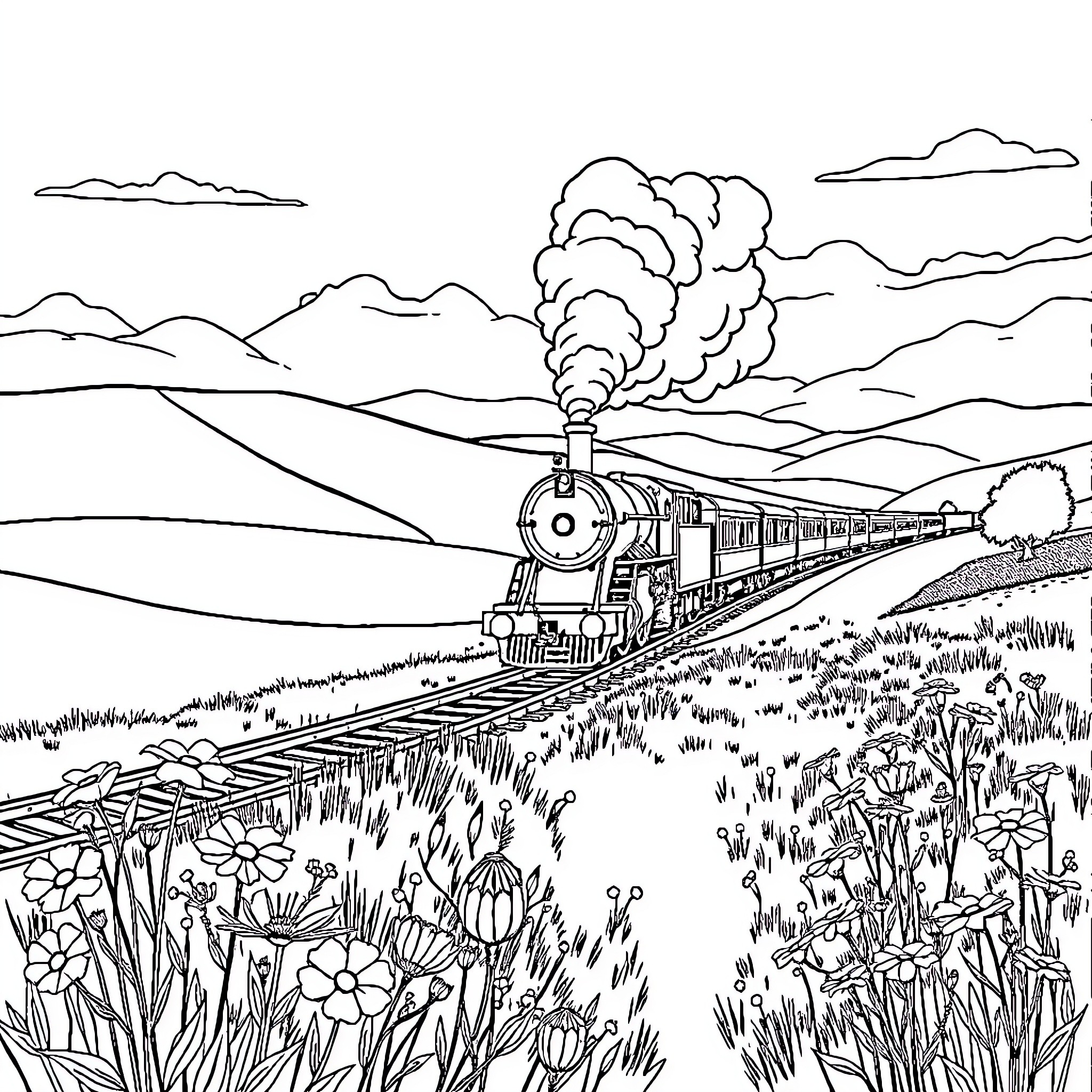 Train traveling through scenic countryside landscape Coloring Page (free black-and-white line drawing printable PDF for all, from beginners to advanced learners, including children, teens, adults, and seniors)