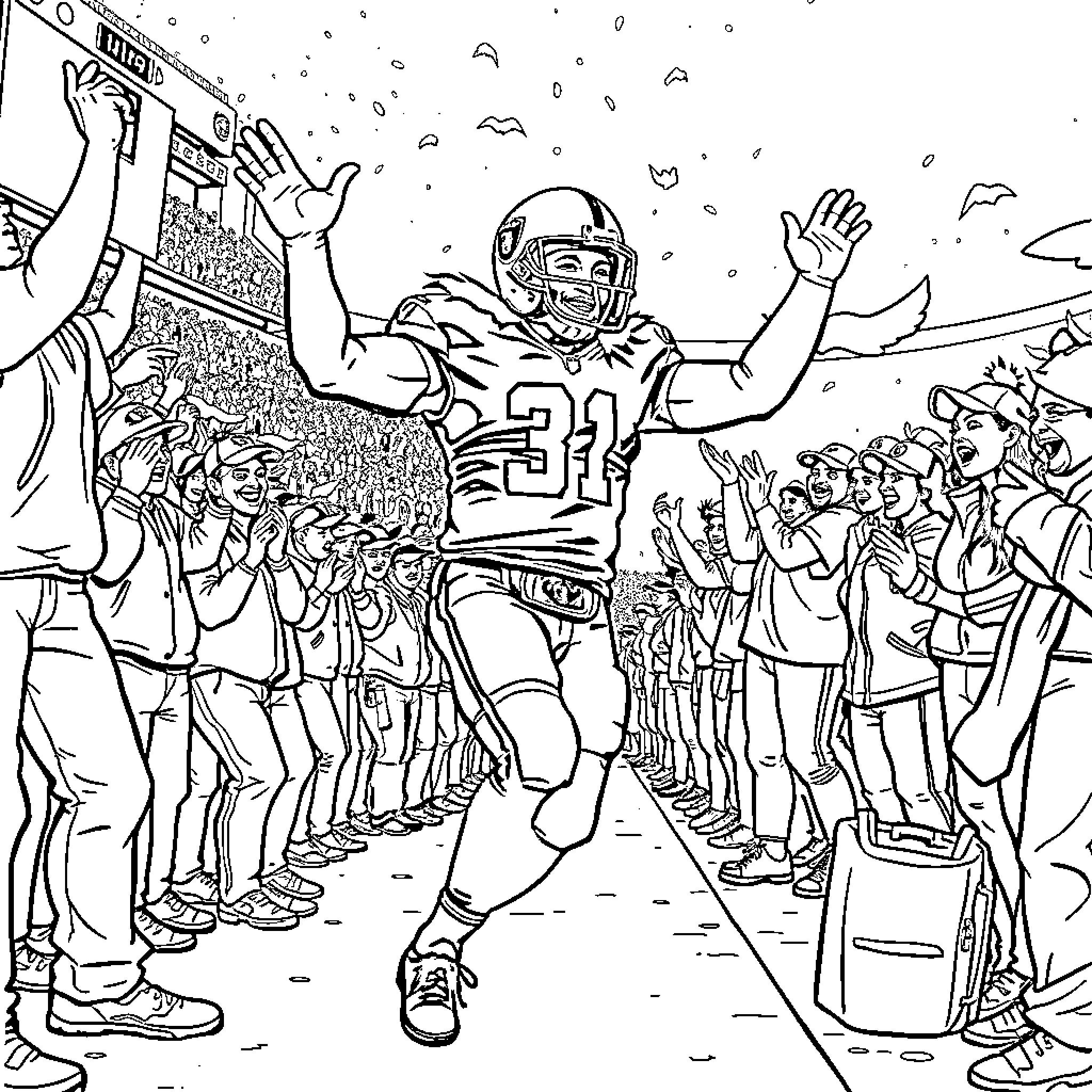 Marshawn Lynch celebrates with fans after big game Coloring Page (free black-and-white line drawing printable PDF for all, from beginners to advanced learners, including children, teens, adults, and seniors)