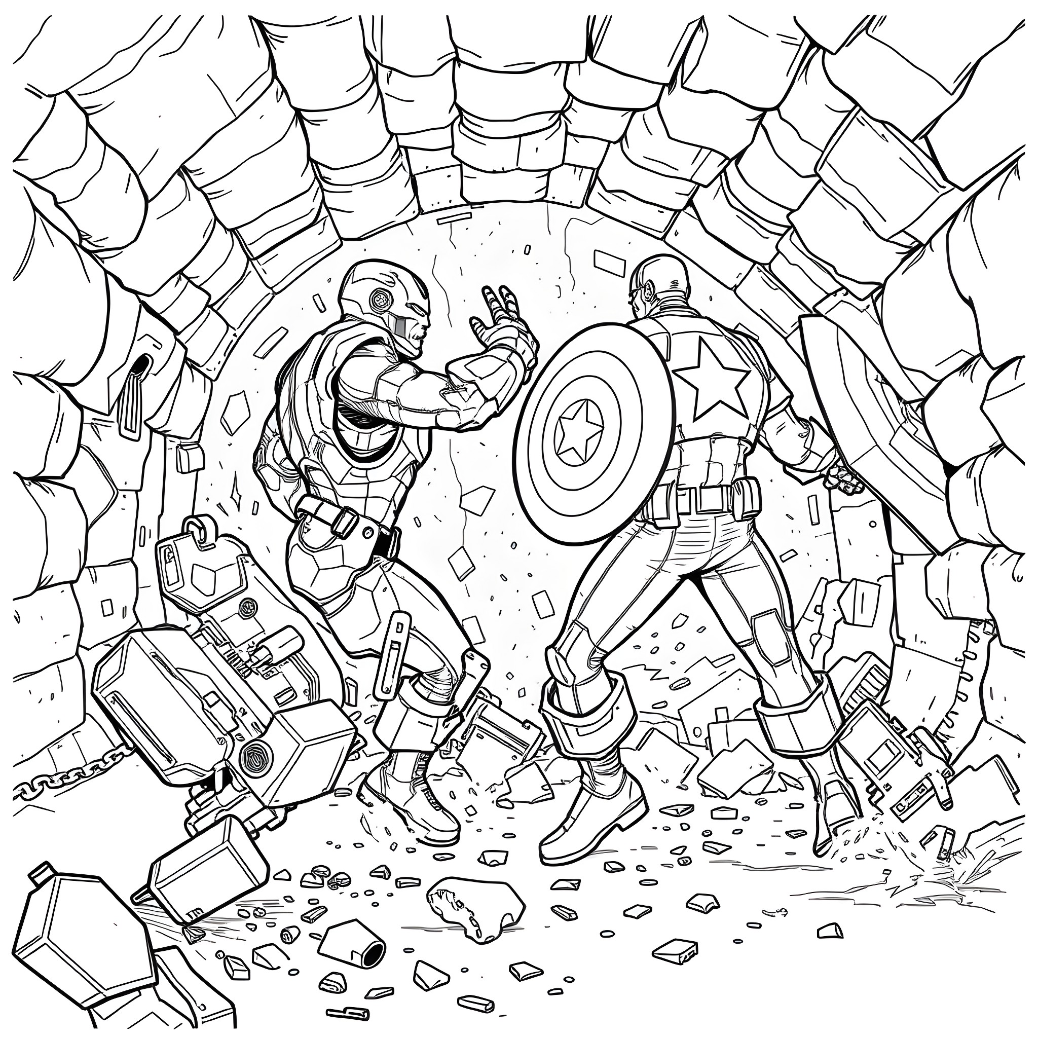 Ironman fighting heroically against villains in a web-filled scene Coloring Page (free black-and-white line drawing printable PDF for all, from beginners to advanced learners, including children, teens, adults, and seniors)