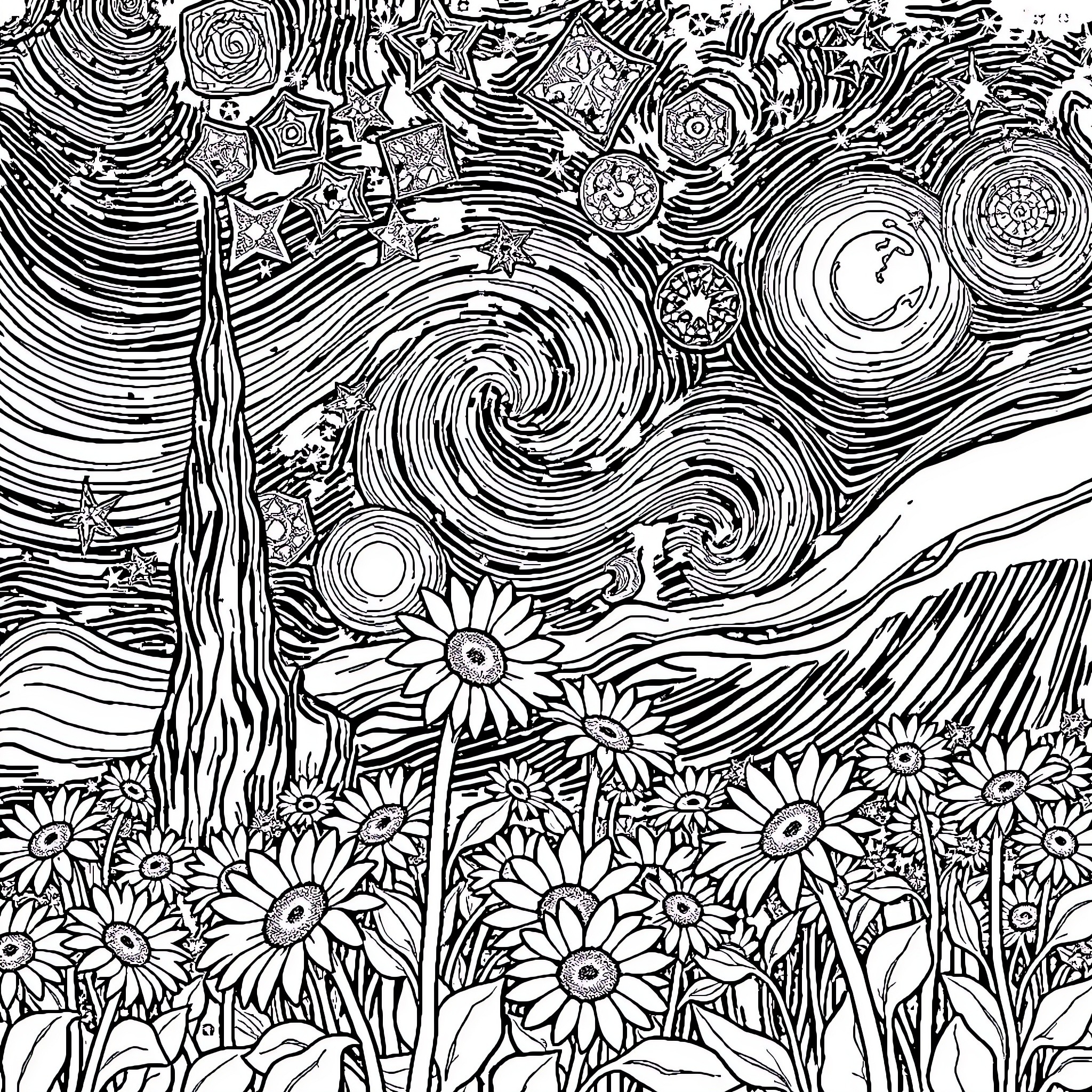 Sunflower Meadow Under Starry Swirling Sky Coloring Page (free black-and-white line drawing printable PDF for all, from beginners to advanced learners, including children, teens, adults, and seniors)
