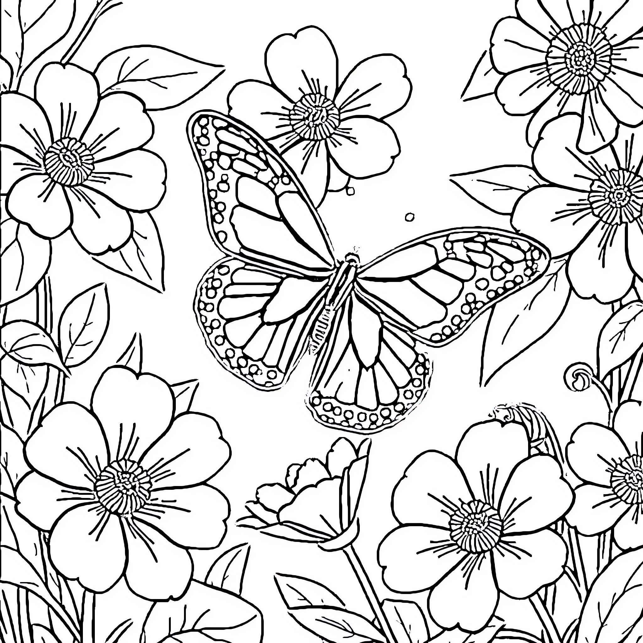 Butterfly flying among flowers in a garden Coloring Page (free black-and-white line drawing printable PDF for all, from beginners to advanced learners, including children, teens, adults, and seniors)